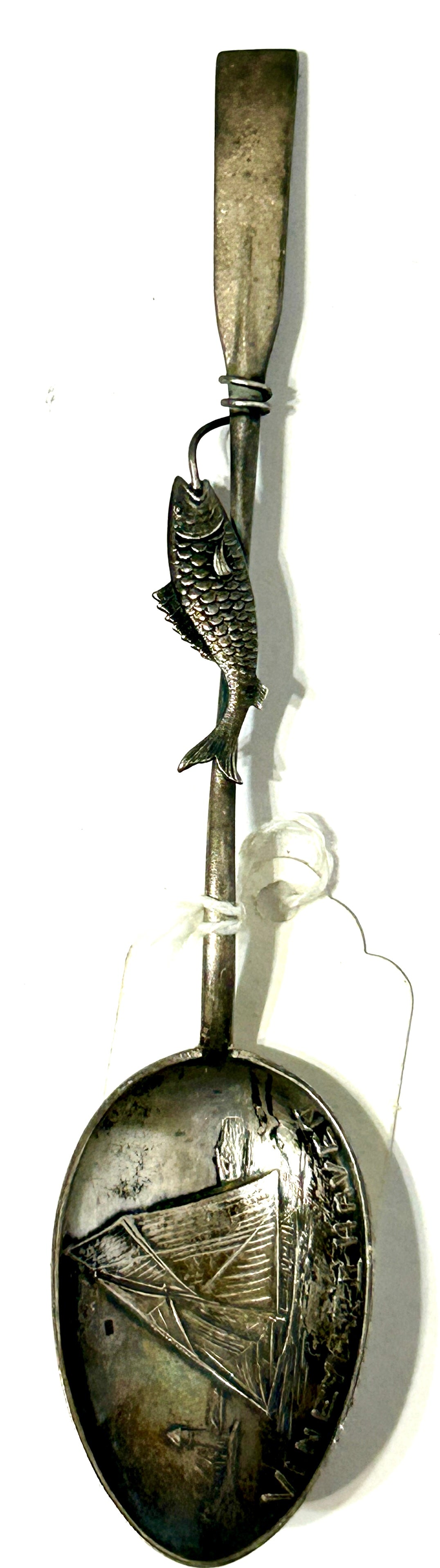 STERLING SILVER VINEYARD HAVEN SPOON WITH FISH, SAILING SHIP AND FIGURAL OAR
