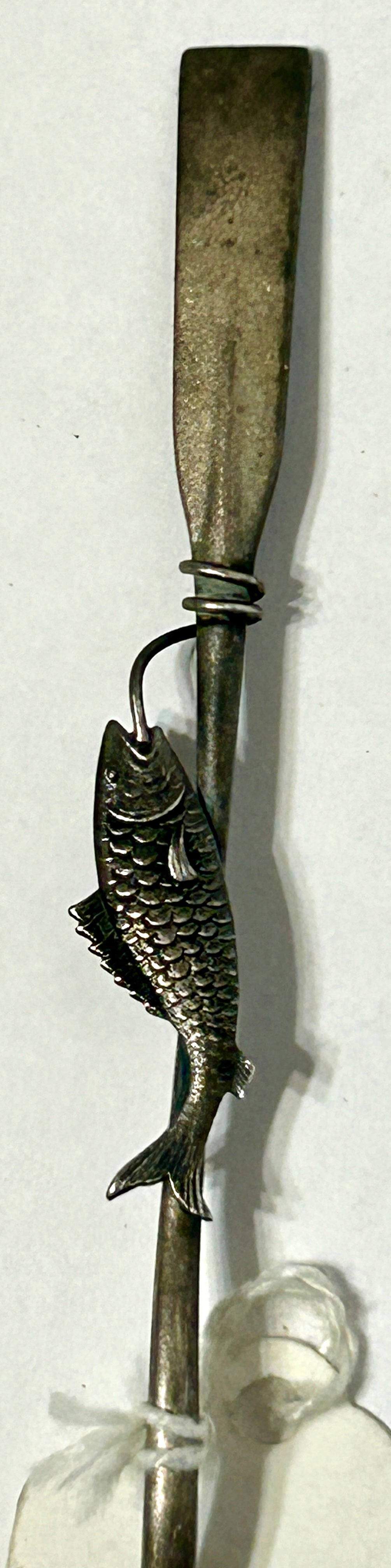 STERLING SILVER VINEYARD HAVEN SPOON WITH FISH, SAILING SHIP AND FIGURAL OAR