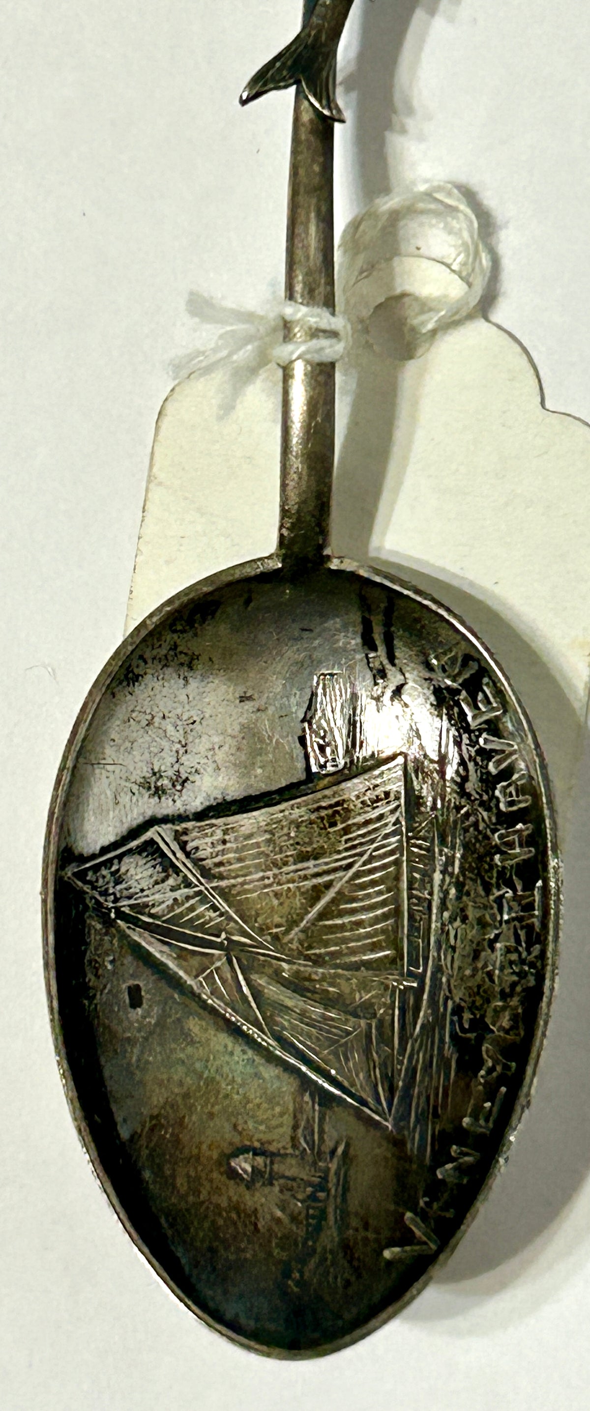 STERLING SILVER VINEYARD HAVEN SPOON WITH FISH, SAILING SHIP AND FIGURAL OAR