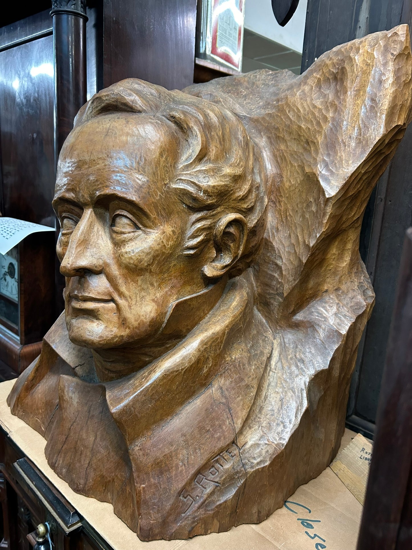 CARVED WOODEN BUST BY S. ROTTEL OF EARLY GENTLEMAN