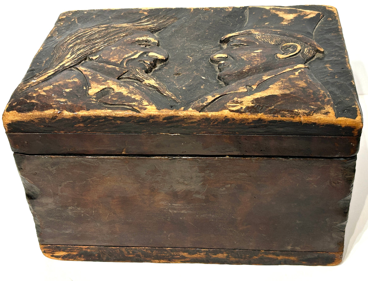 ANTIQUE FOLK ART CARVED BOX WITH UNCLE SAM AND PRESIDENT MCKINLEY