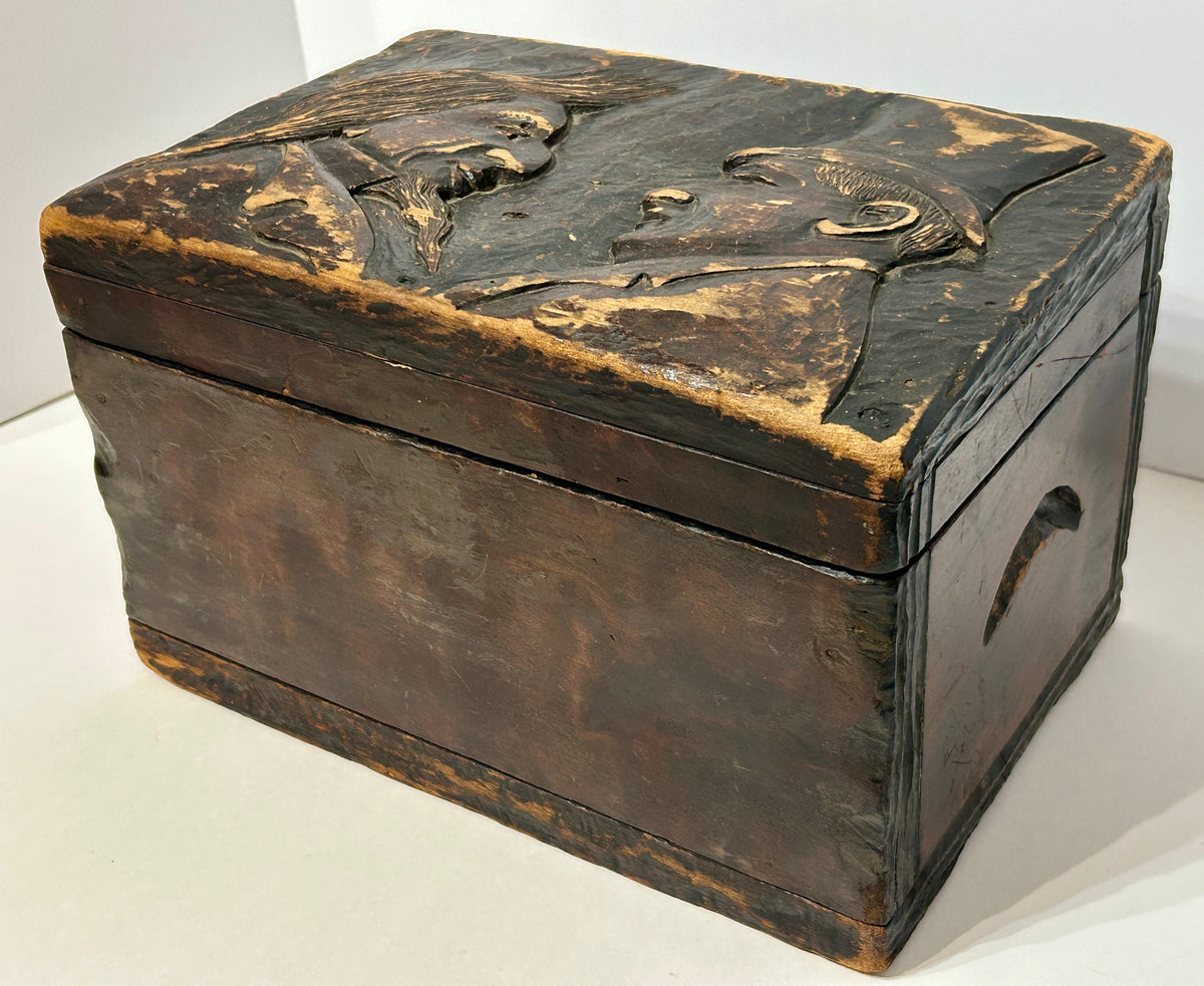 ANTIQUE FOLK ART CARVED BOX WITH UNCLE SAM AND PRESIDENT MCKINLEY