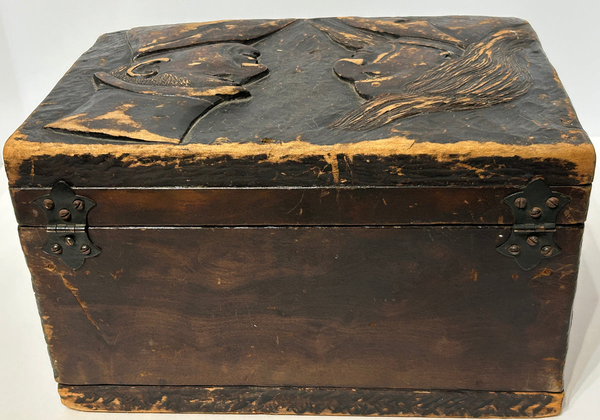 ANTIQUE FOLK ART CARVED BOX WITH UNCLE SAM AND PRESIDENT MCKINLEY