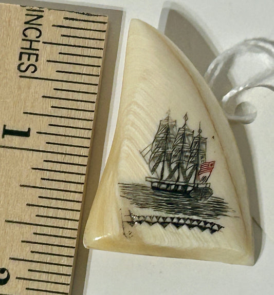 WHALES TOOTH IVORY SCRIMSHAW SHIP PIN