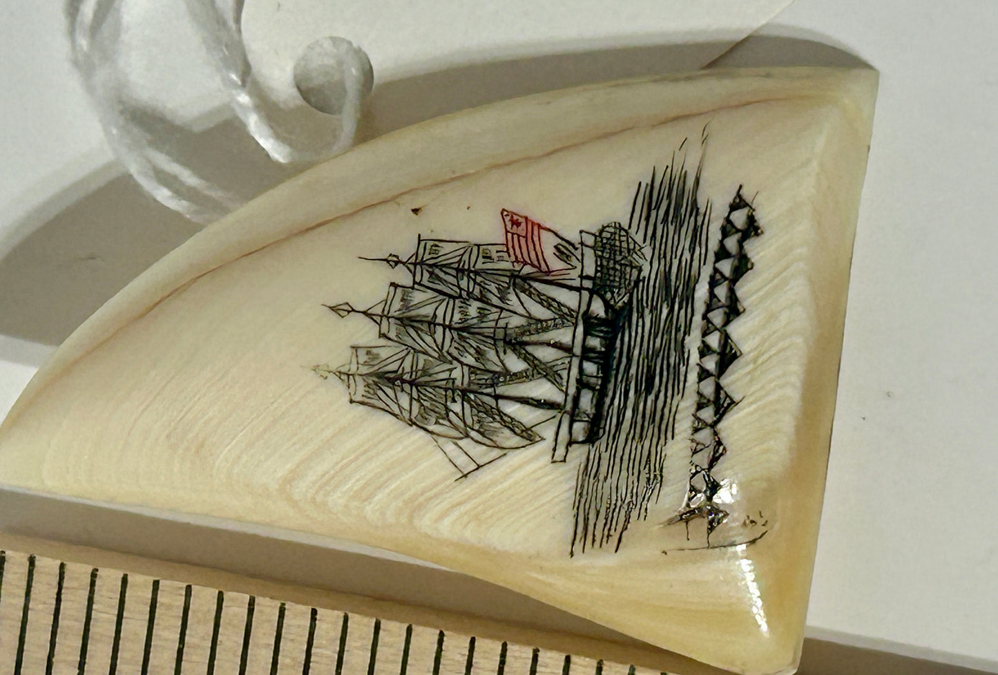 WHALES TOOTH IVORY SCRIMSHAW SHIP PIN