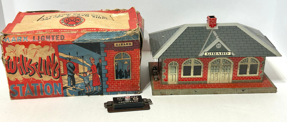 MARX TOY GIRARD LIGHTED WHISTLING RAILROAD STATION WITH BOX