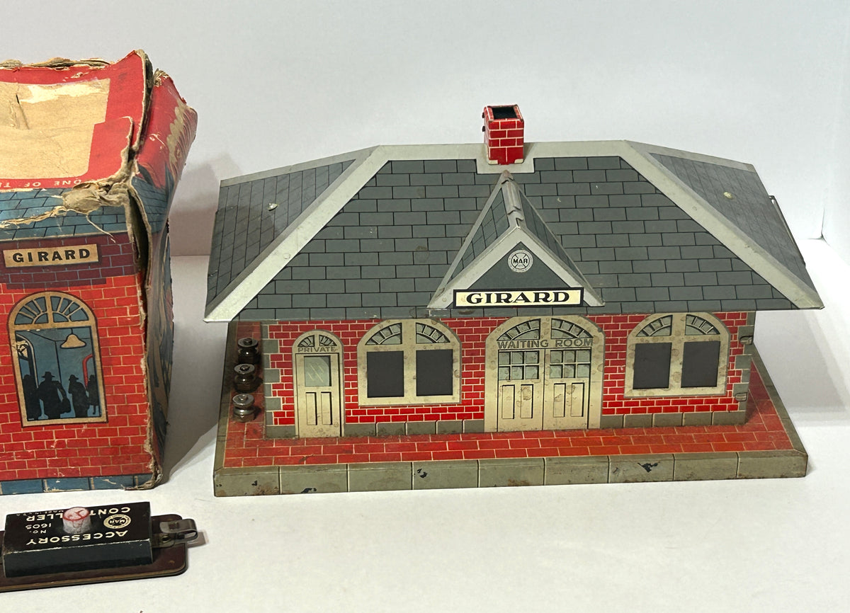 MARX TOY GIRARD LIGHTED WHISTLING RAILROAD STATION WITH BOX
