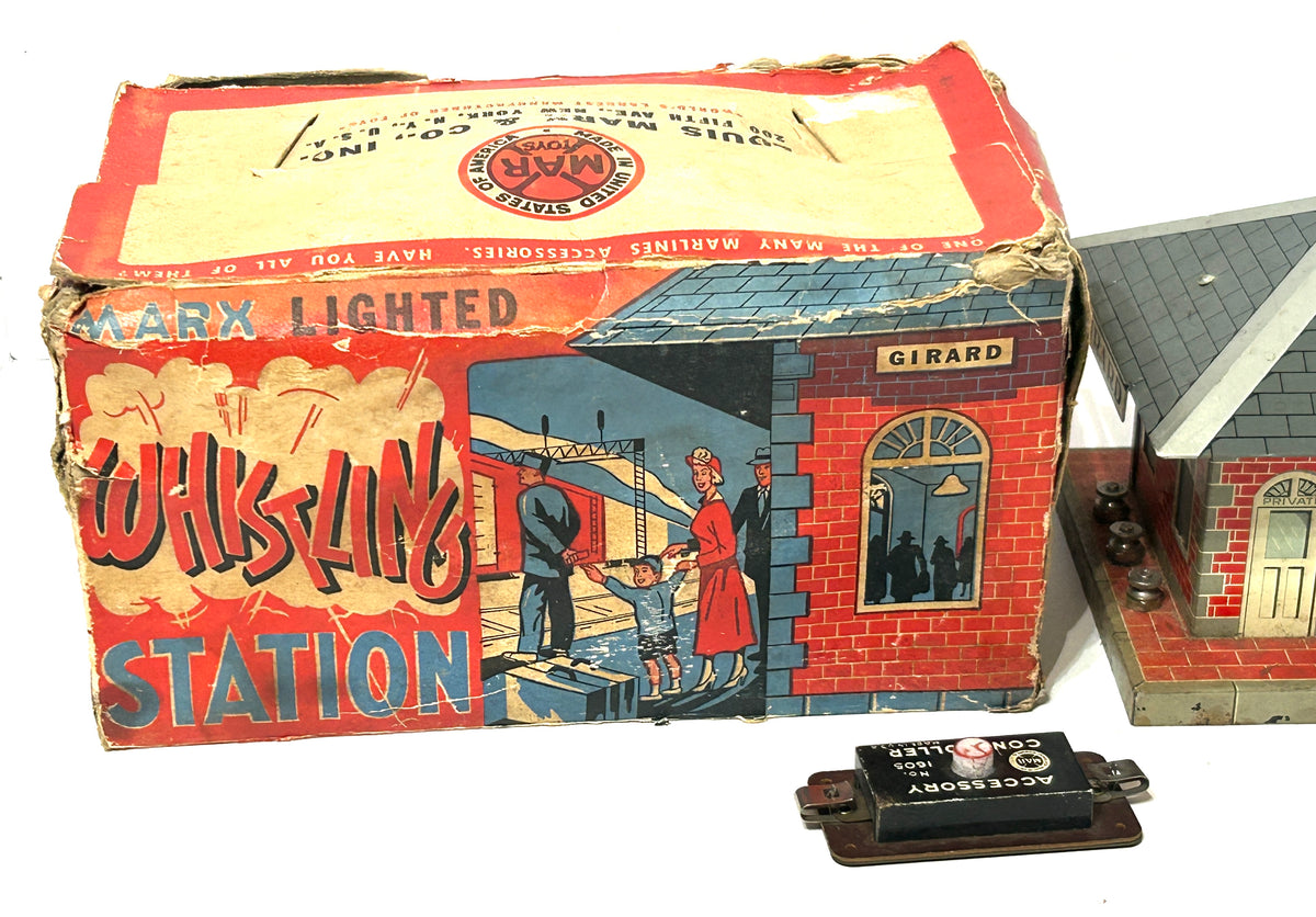 MARX TOY GIRARD LIGHTED WHISTLING RAILROAD STATION WITH BOX