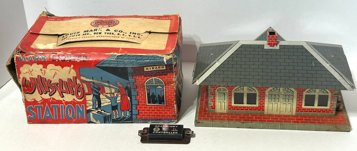 MARX TOY GIRARD LIGHTED WHISTLING RAILROAD STATION WITH BOX