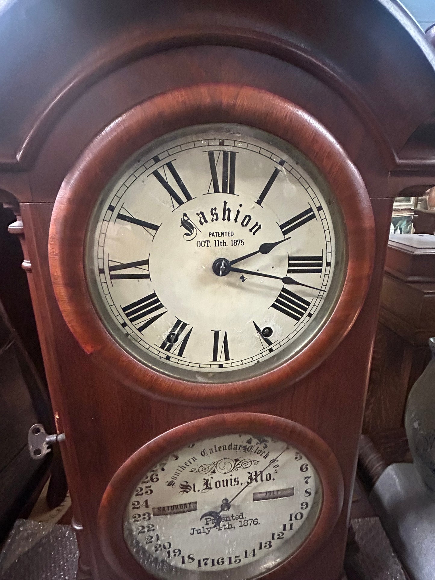 FASHION ANTIQUE CALENDAR CLOCK 1875 & 1876 SOUTHERN CALENDAR CO.