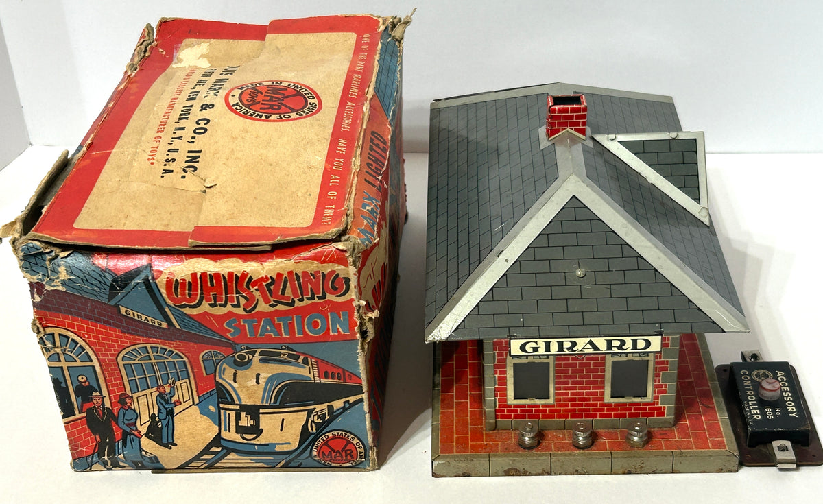 MARX TOY GIRARD LIGHTED WHISTLING RAILROAD STATION WITH BOX