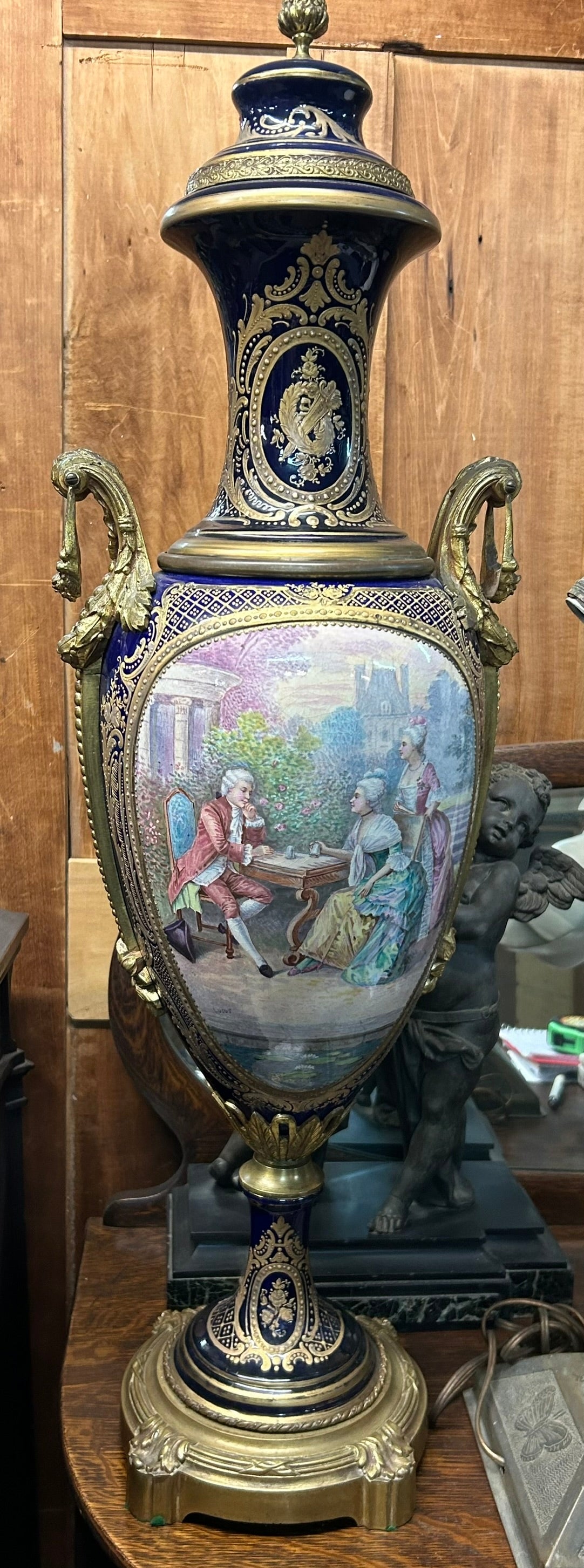 SEVRES LARGE HAND PAINTED ANTIQUE URN WITH METAL MOUNTS