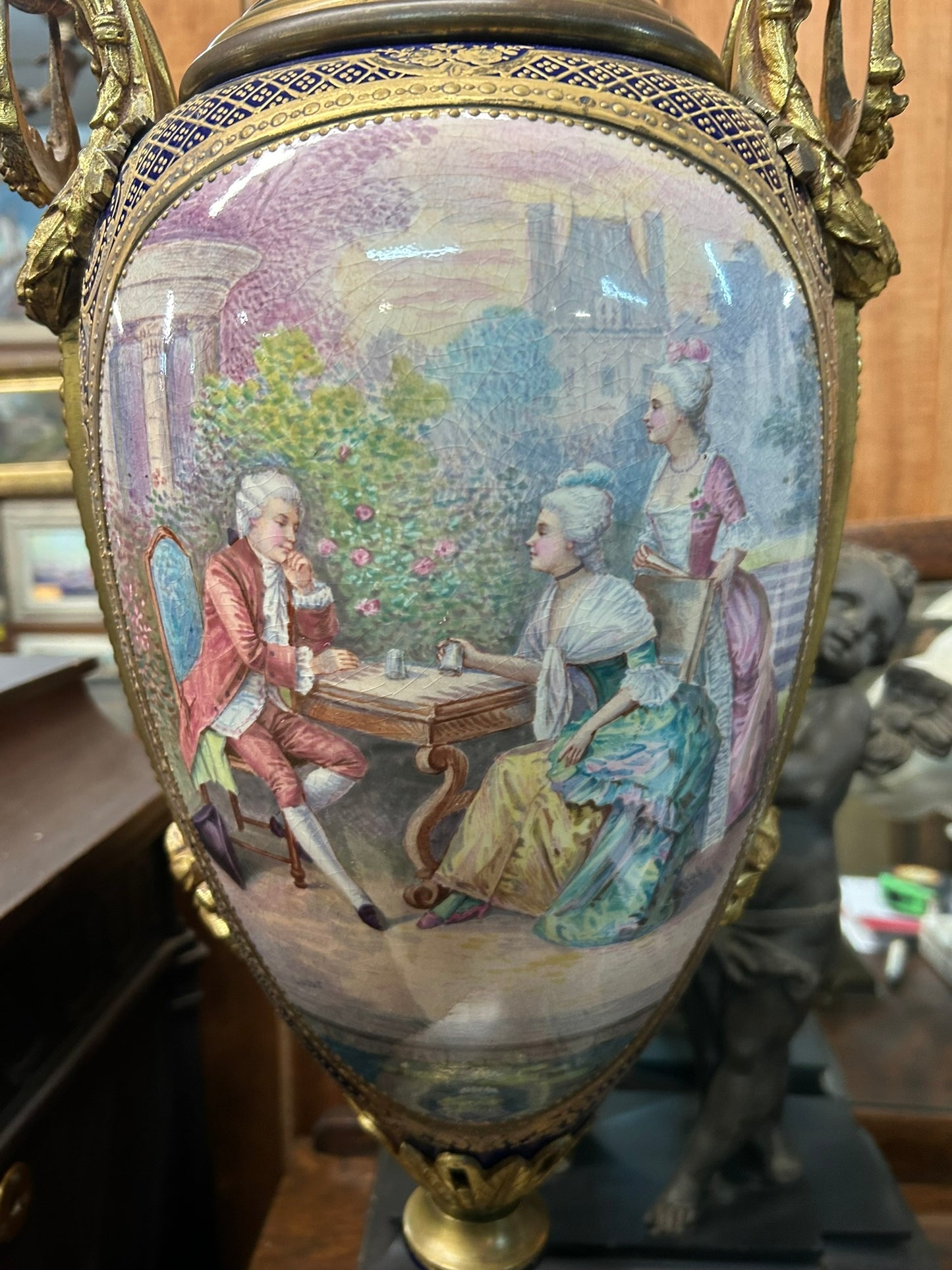 SEVRES LARGE HAND PAINTED ANTIQUE URN WITH METAL MOUNTS