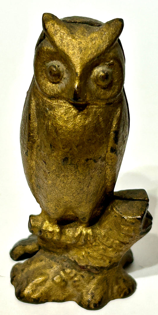 ANTIQUE CAST IRON OWL COIN BANK "BE WISE SAVE MONEY"