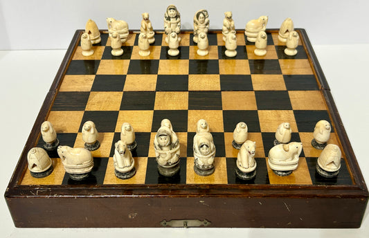 WALRUS IVORY CHESS SET INUIT CARVED