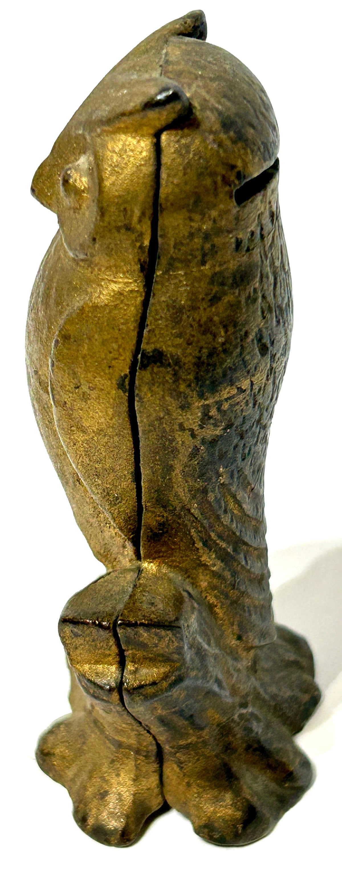 ANTIQUE CAST IRON OWL COIN BANK "BE WISE SAVE MONEY"