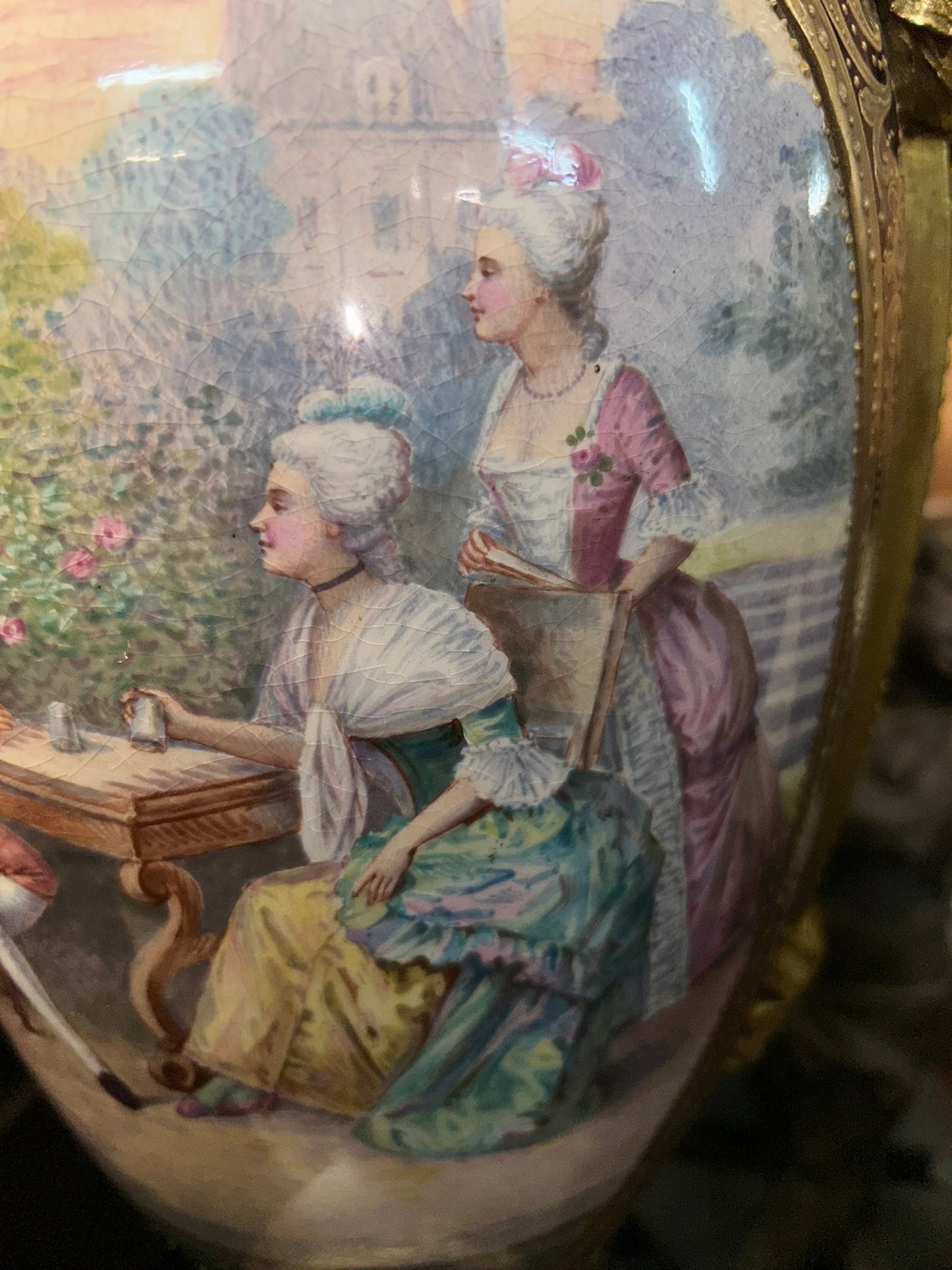 SEVRES LARGE HAND PAINTED ANTIQUE URN WITH METAL MOUNTS