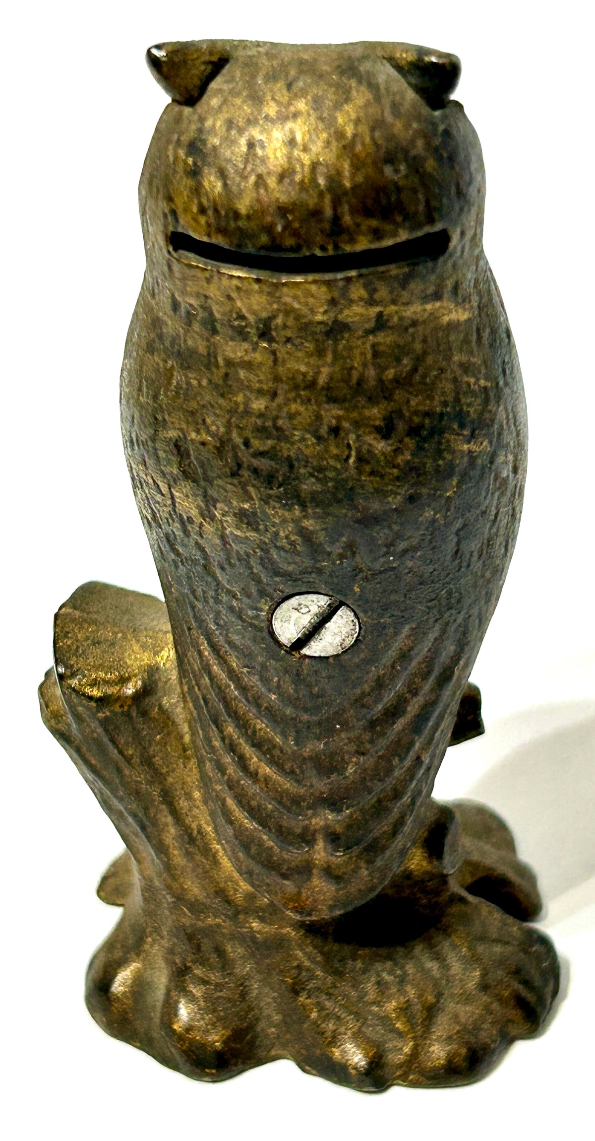 ANTIQUE CAST IRON OWL COIN BANK "BE WISE SAVE MONEY"