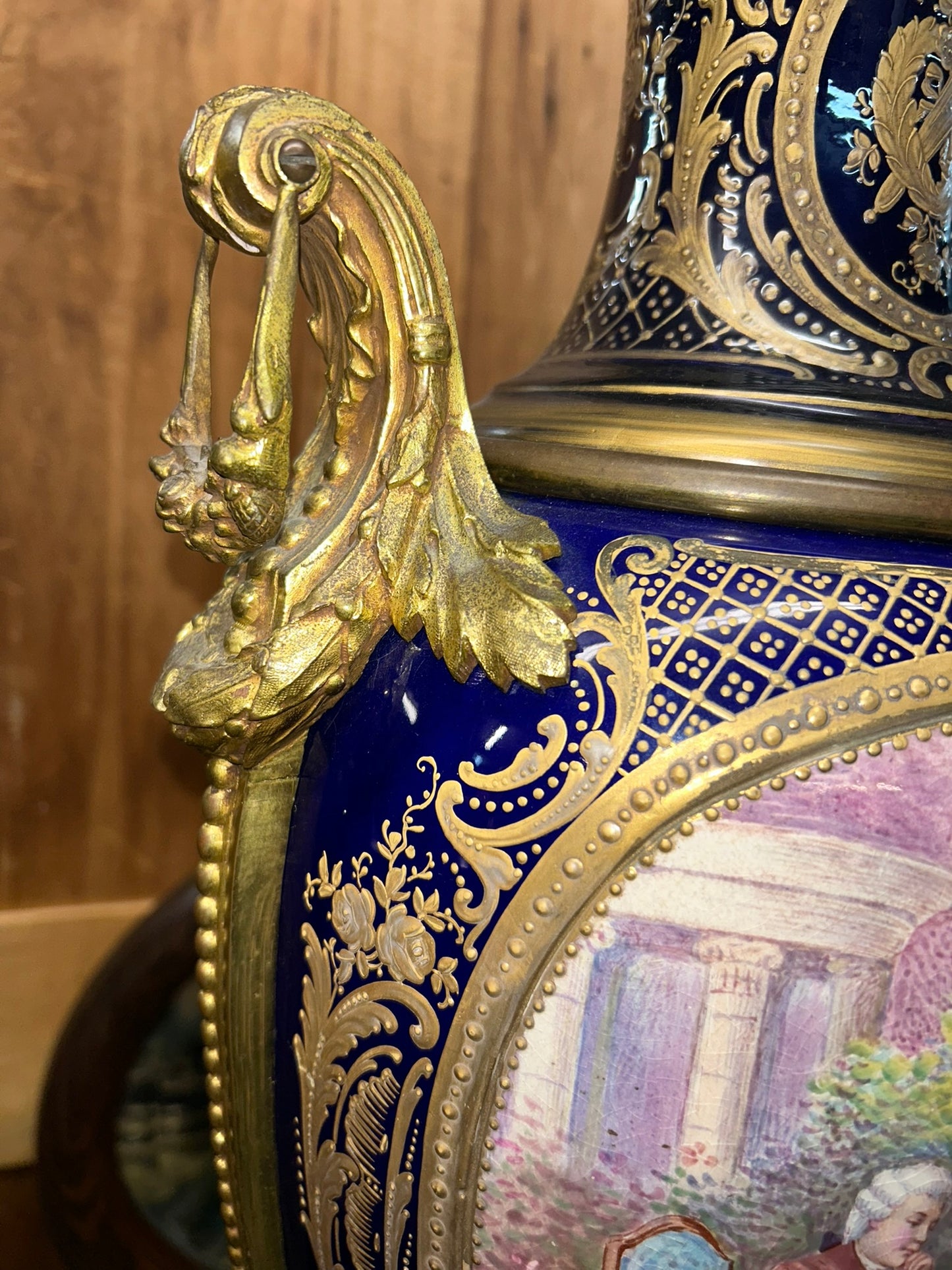 SEVRES LARGE HAND PAINTED ANTIQUE URN WITH METAL MOUNTS