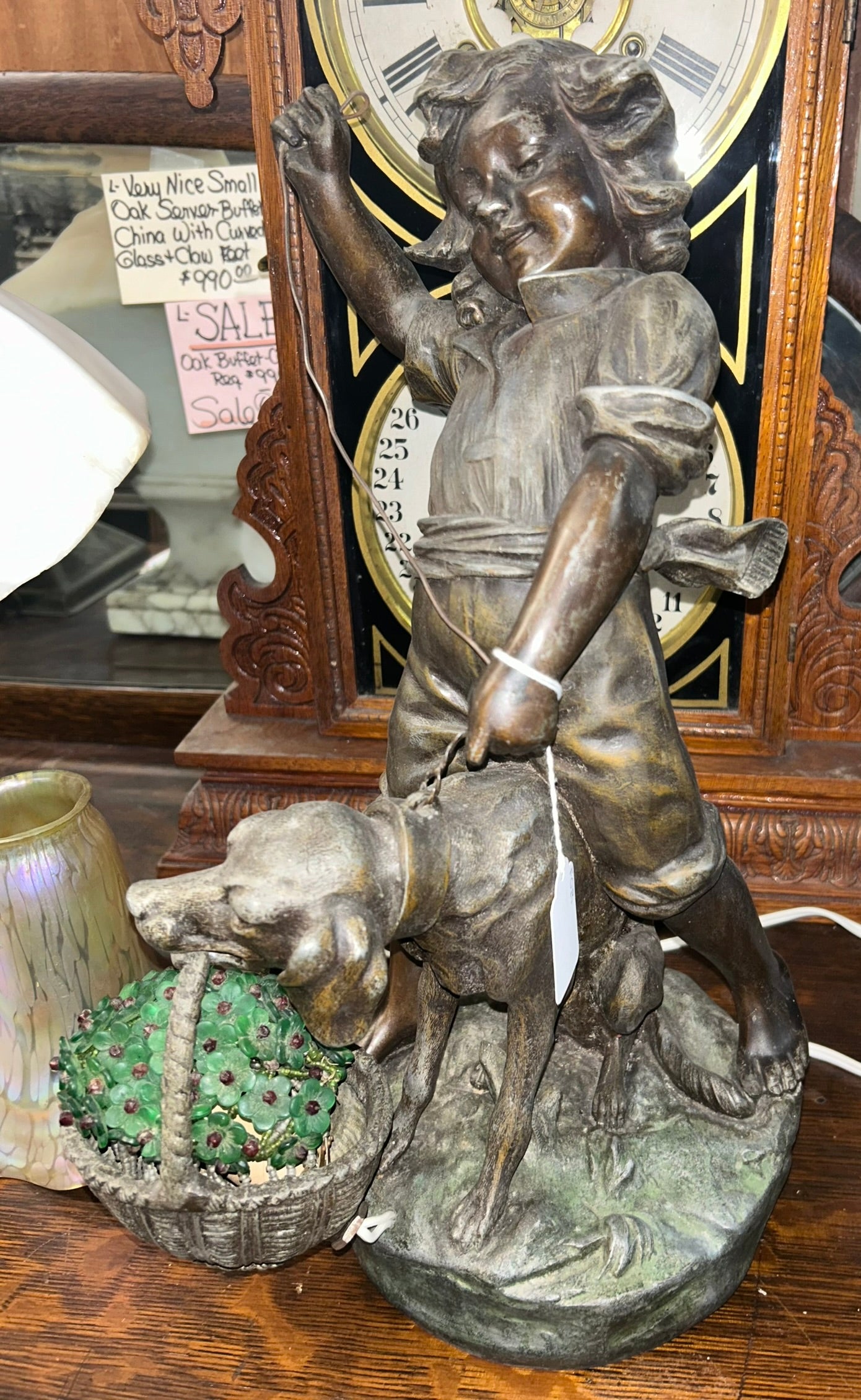 BRONZE BOY WITH DOG ANTIQUE LAMP