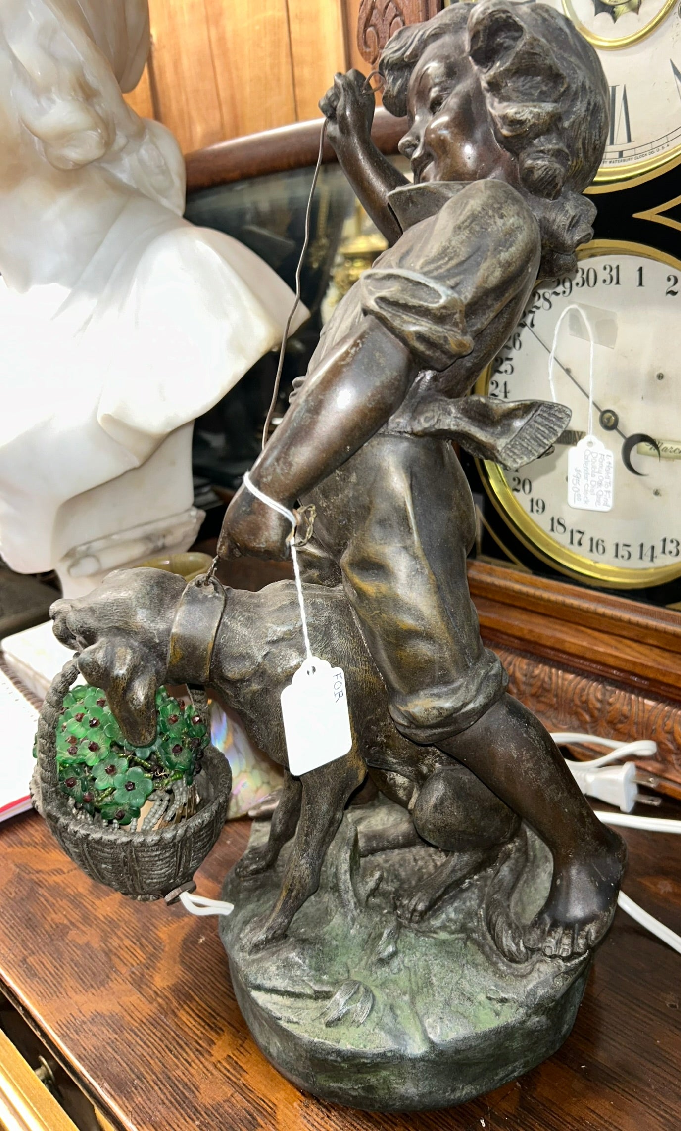 BRONZE BOY WITH DOG ANTIQUE LAMP