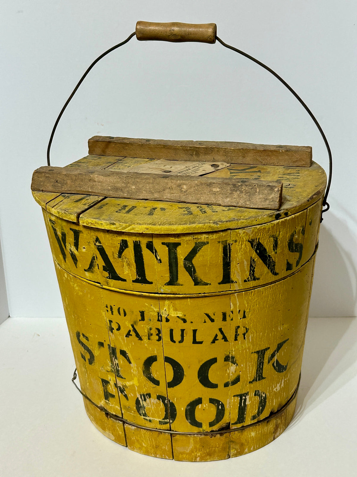 ANTIQUE WATKINS PABULAR STOCK FOOD ADDITIVE YELLOW WOODEN BUCKET