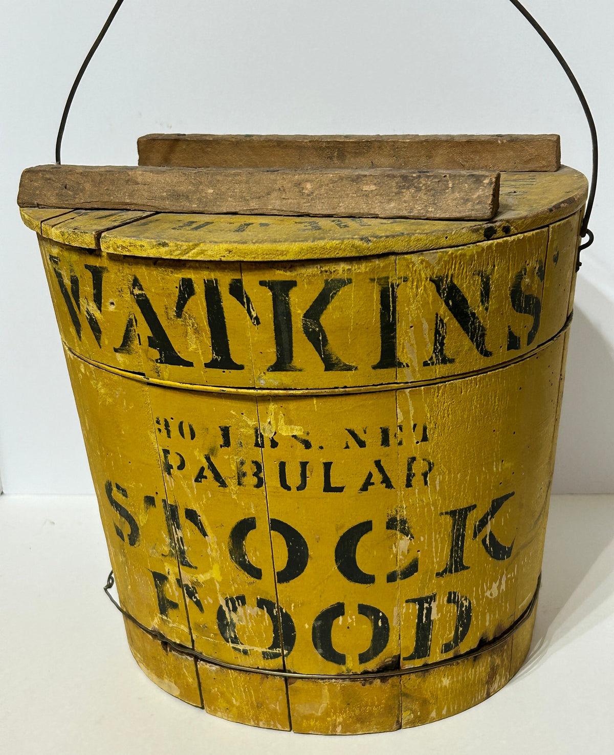 ANTIQUE WATKINS PABULAR STOCK FOOD ADDITIVE YELLOW WOODEN BUCKET