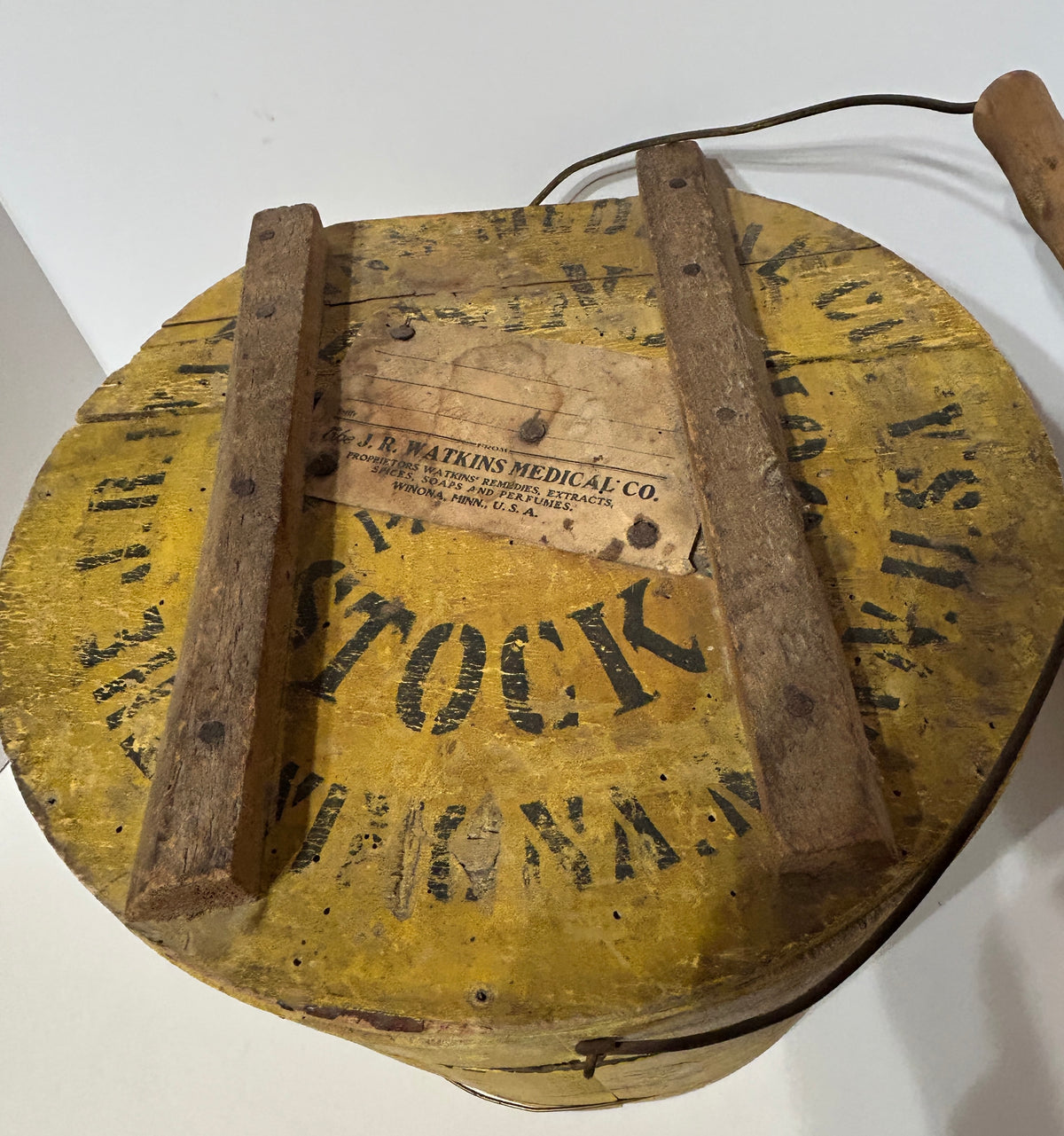 ANTIQUE WATKINS PABULAR STOCK FOOD ADDITIVE YELLOW WOODEN BUCKET