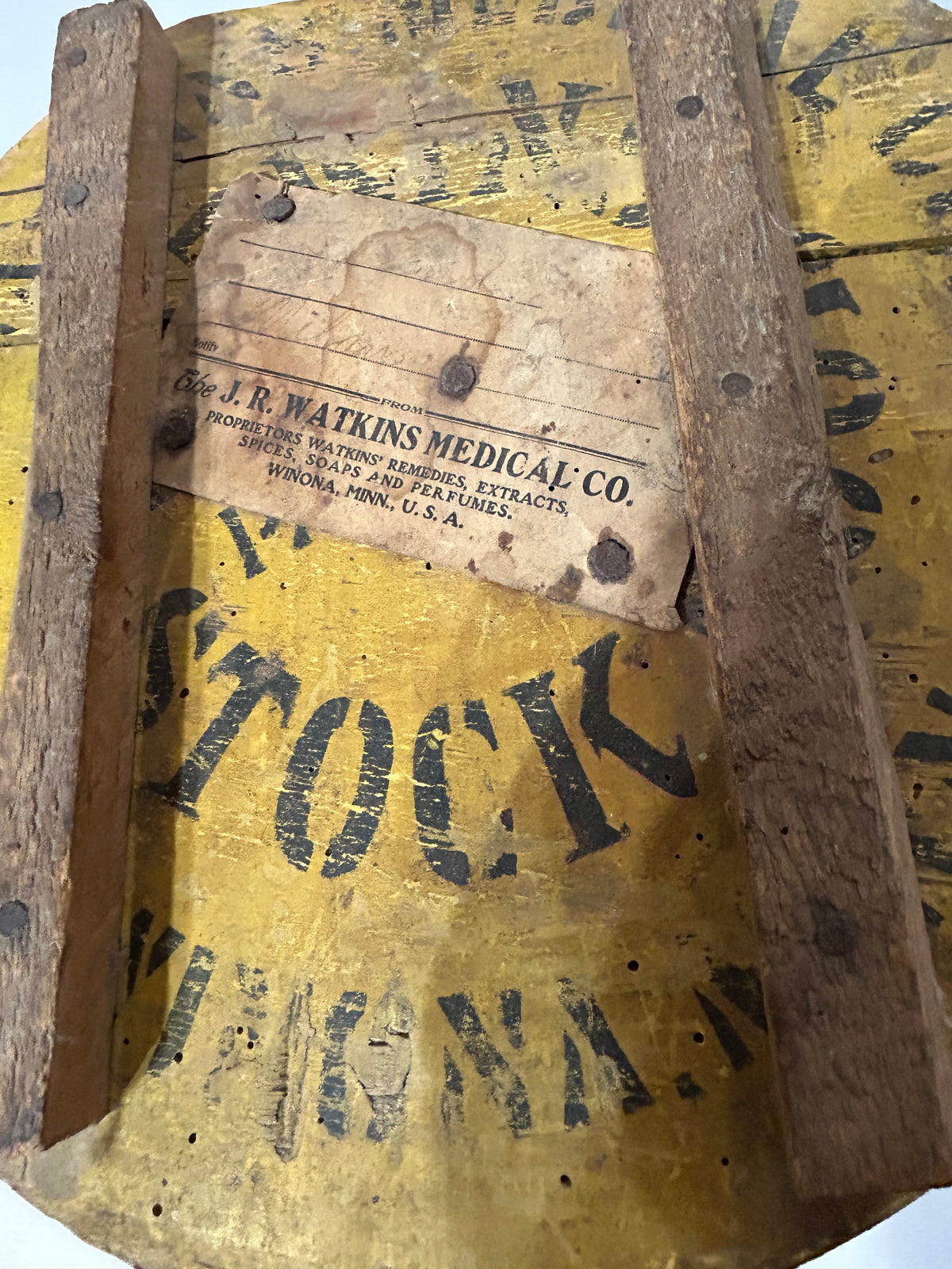 ANTIQUE WATKINS PABULAR STOCK FOOD ADDITIVE YELLOW WOODEN BUCKET