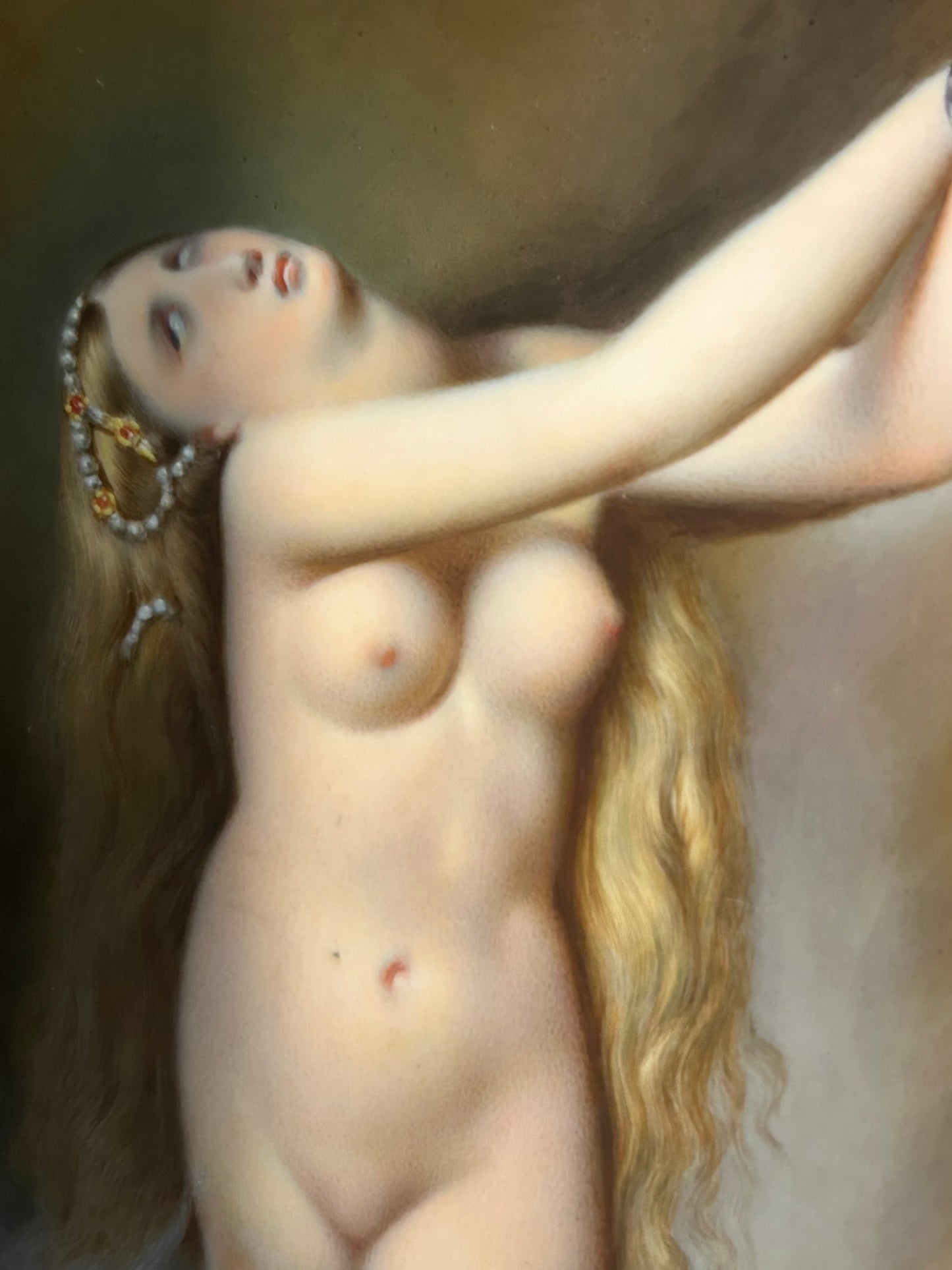 HAND PAINTED PORCELAIN ANTIQUE PLAQUE OF ANGELIQUE