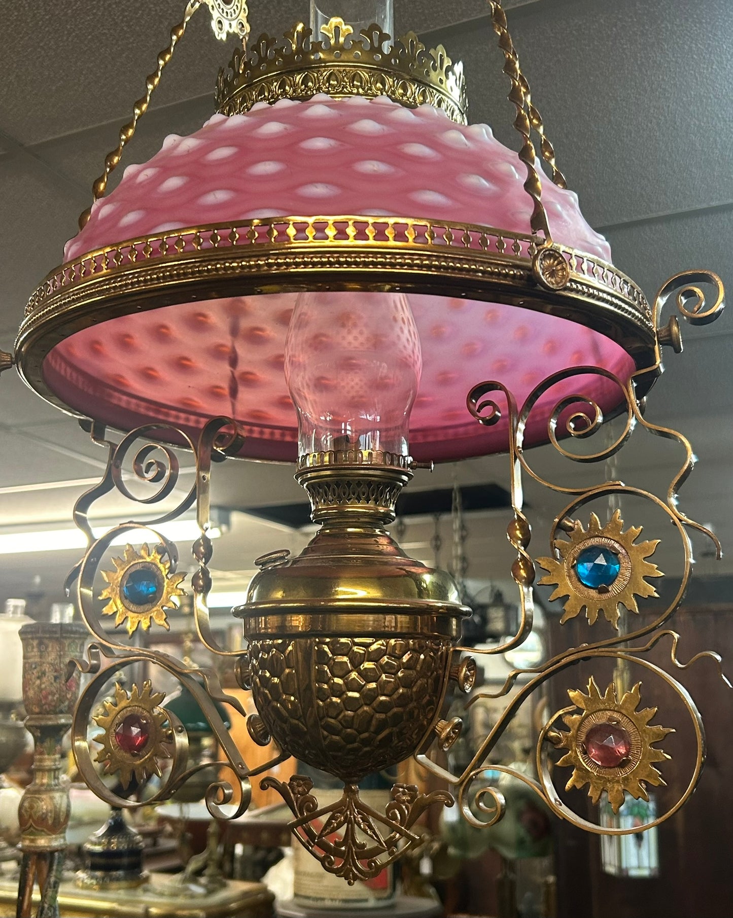 ANTIQUE OPALESCENT CRANBERRY HOBNAIL HANGING LIBRARY LAMP