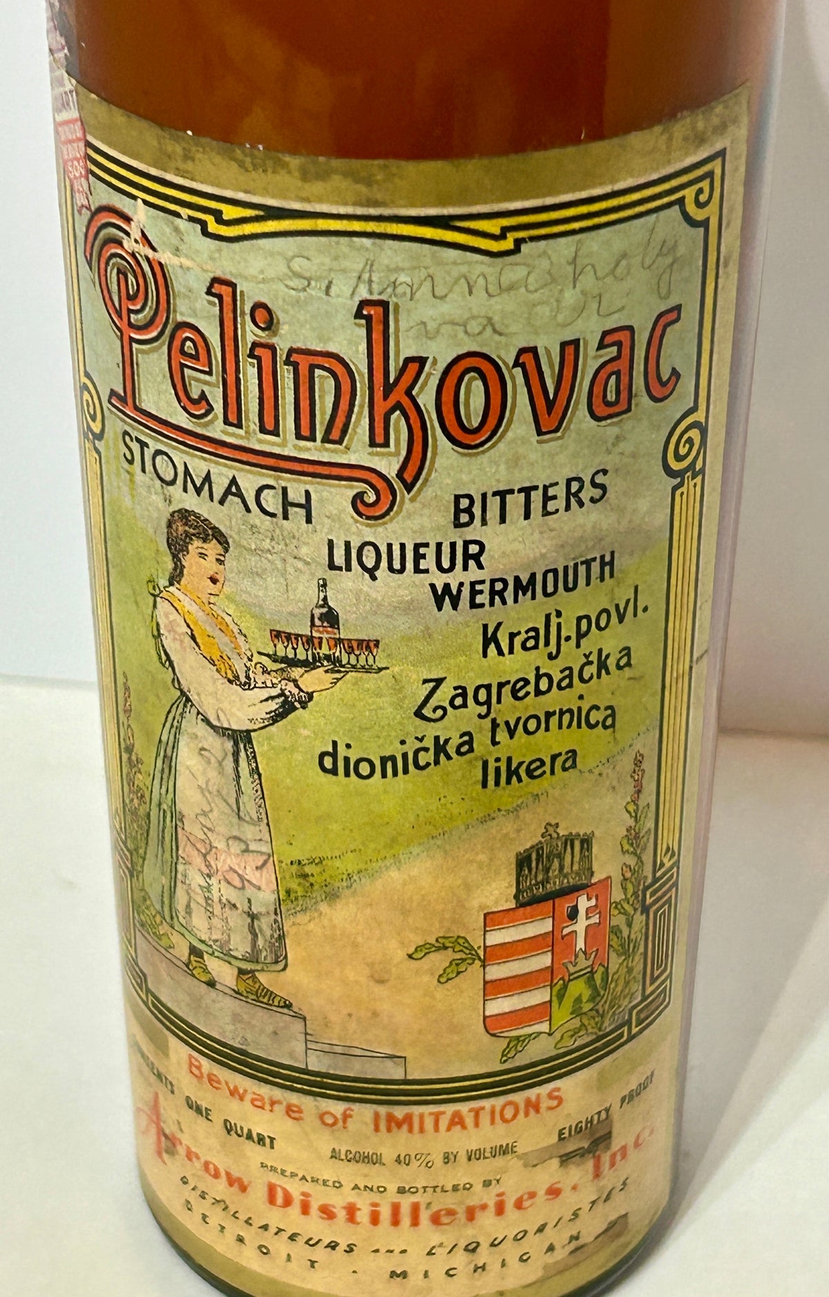PELINKOVAC ANTIQUE STOMACH BITTERS BOTTLE WITH FULL LABELS