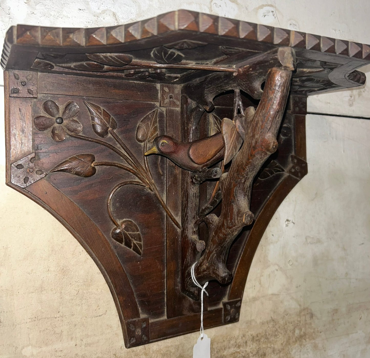 FOLK ART ANTIQUE CARVED SHELF WITH BIRD