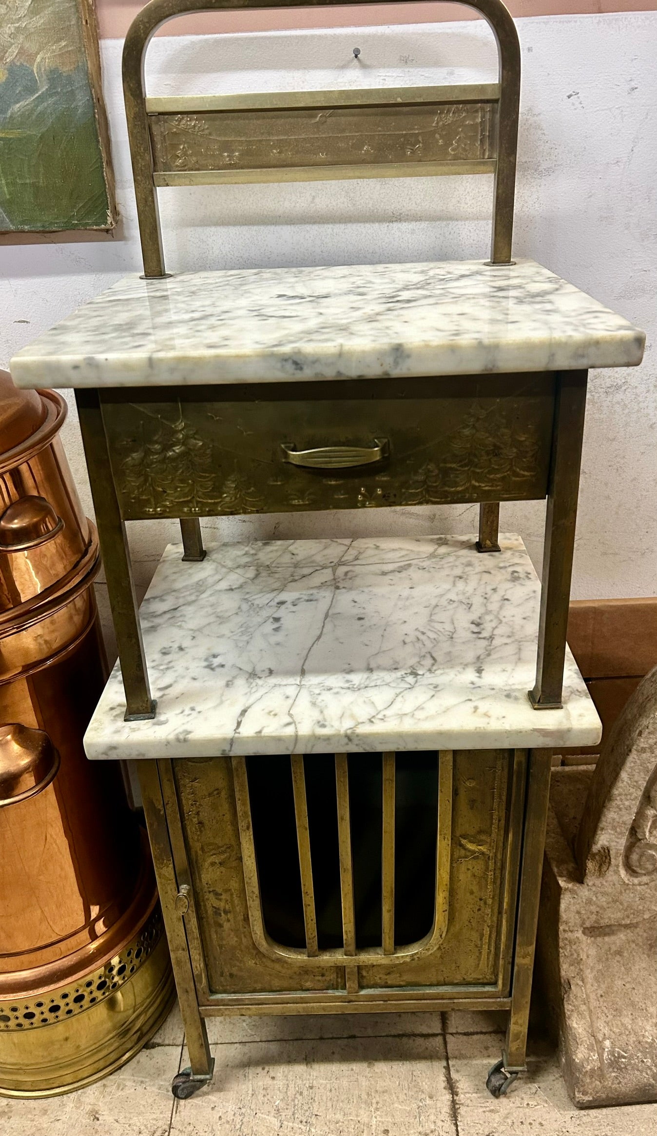BRASS AND MARBLE ANTIQUE 1920'S NIGHT STAND WITH DECORATED METAL