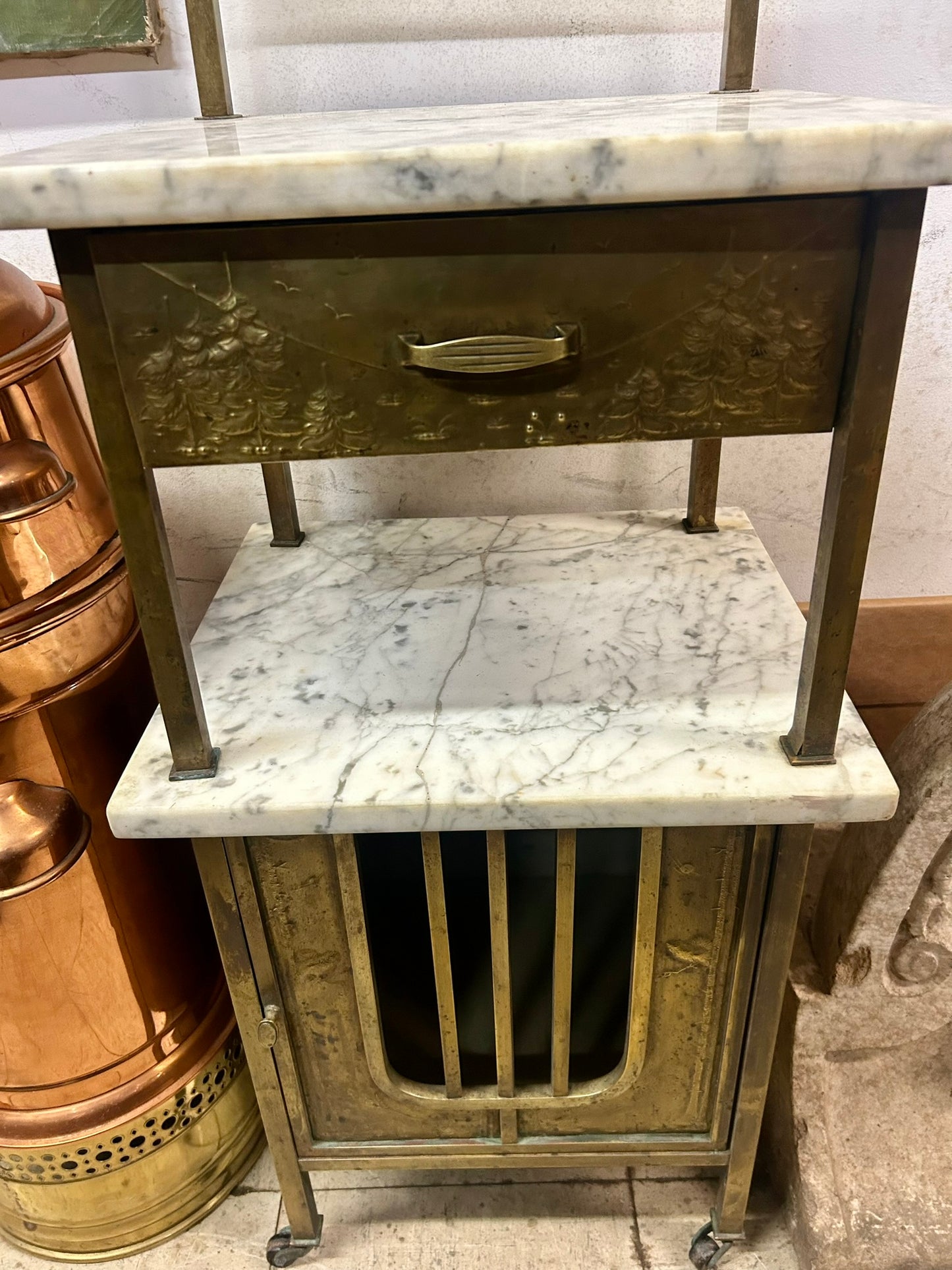 BRASS AND MARBLE ANTIQUE 1920'S NIGHT STAND WITH DECORATED METAL