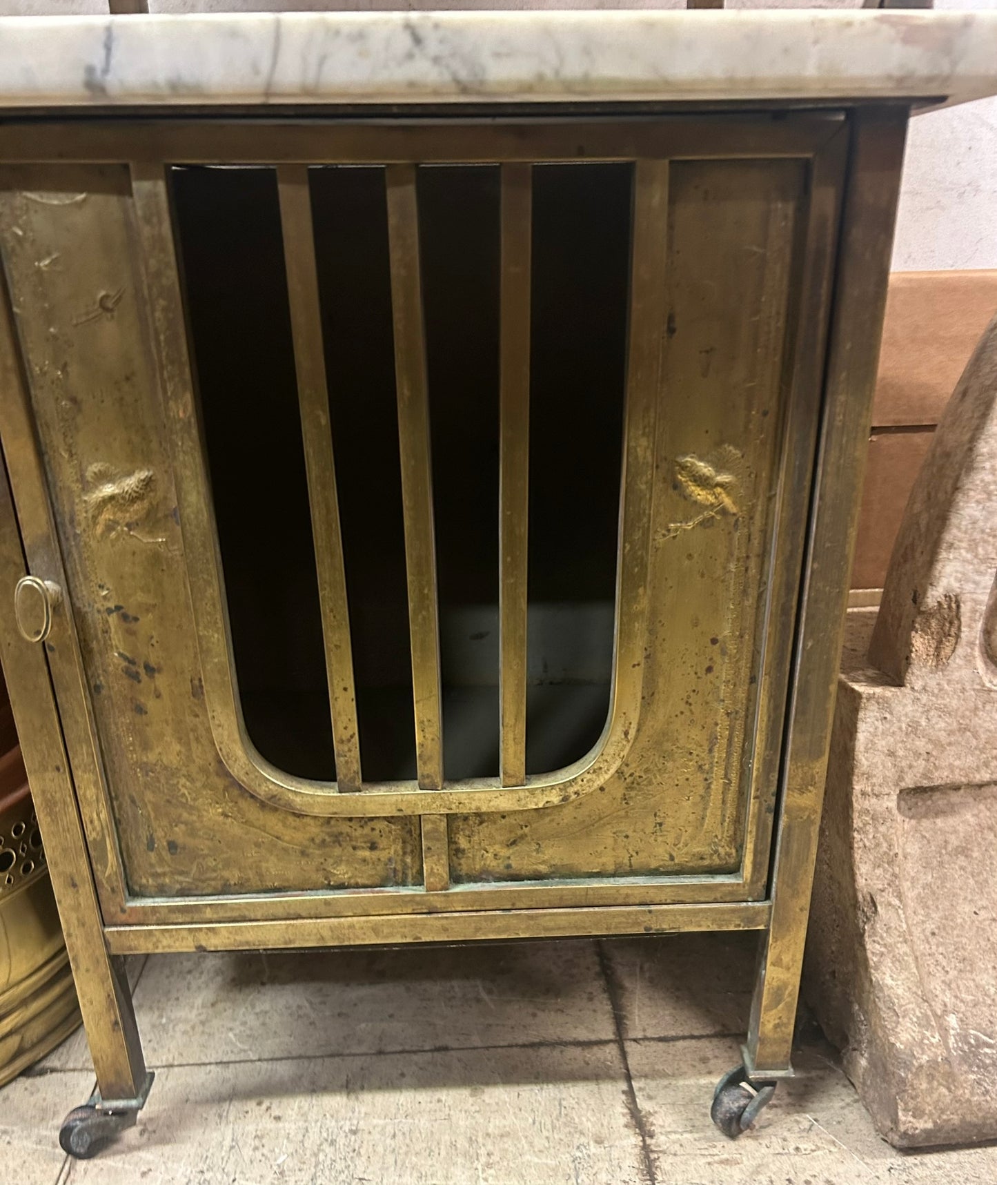 BRASS AND MARBLE ANTIQUE 1920'S NIGHT STAND WITH DECORATED METAL