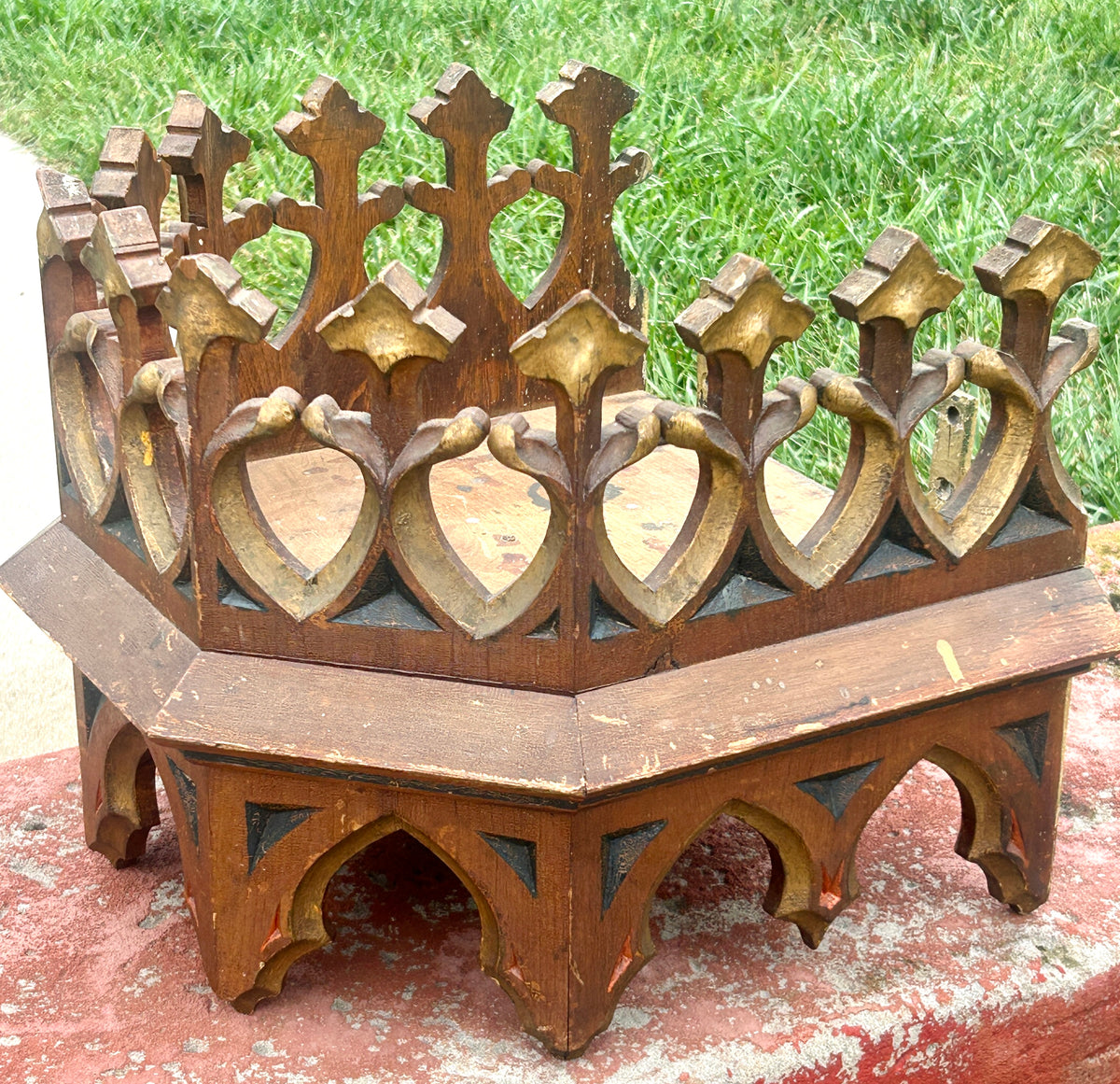 ANTIQUE GOTHIC HANGING WALL SHELF FROM EARLY CHURCH