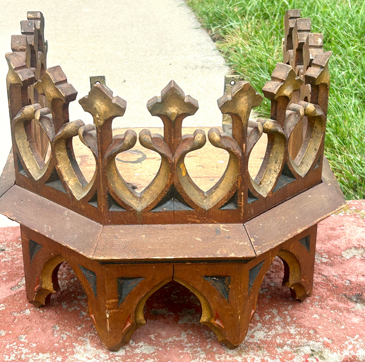 ANTIQUE GOTHIC HANGING WALL SHELF FROM EARLY CHURCH