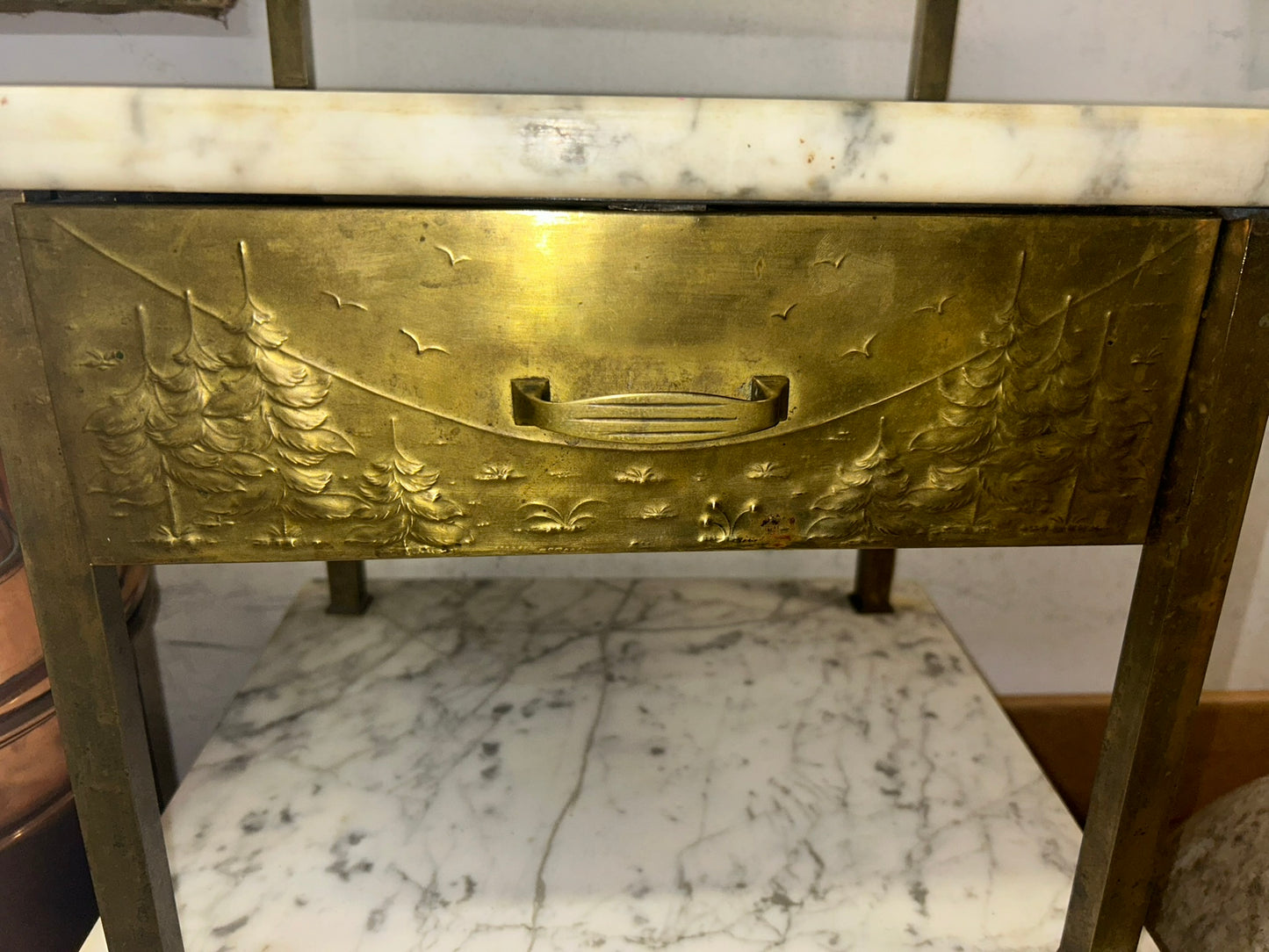 BRASS AND MARBLE ANTIQUE 1920'S NIGHT STAND WITH DECORATED METAL