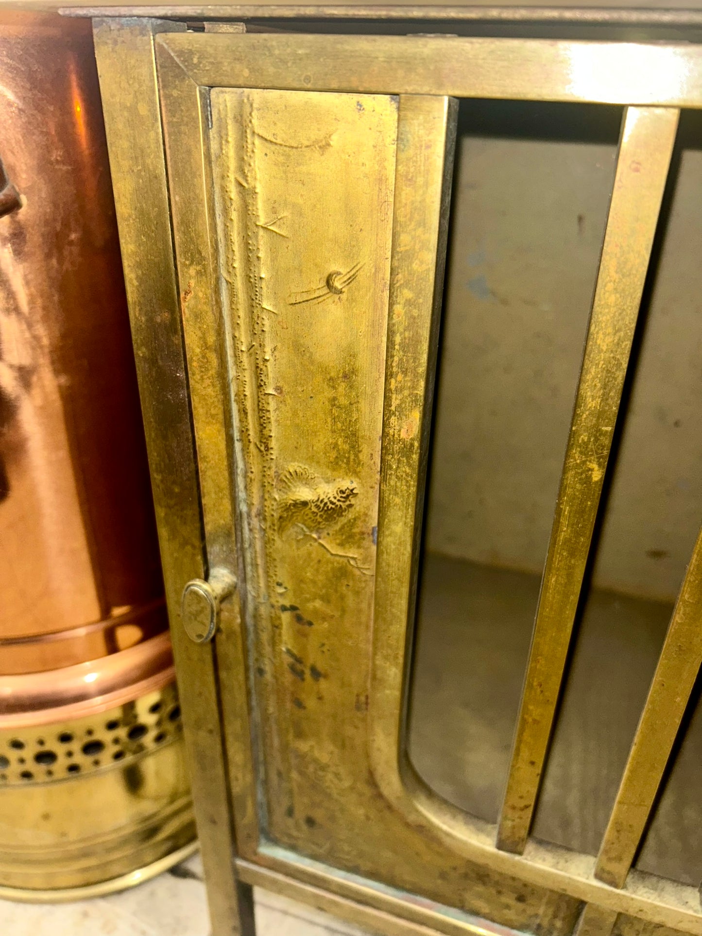 BRASS AND MARBLE ANTIQUE 1920'S NIGHT STAND WITH DECORATED METAL