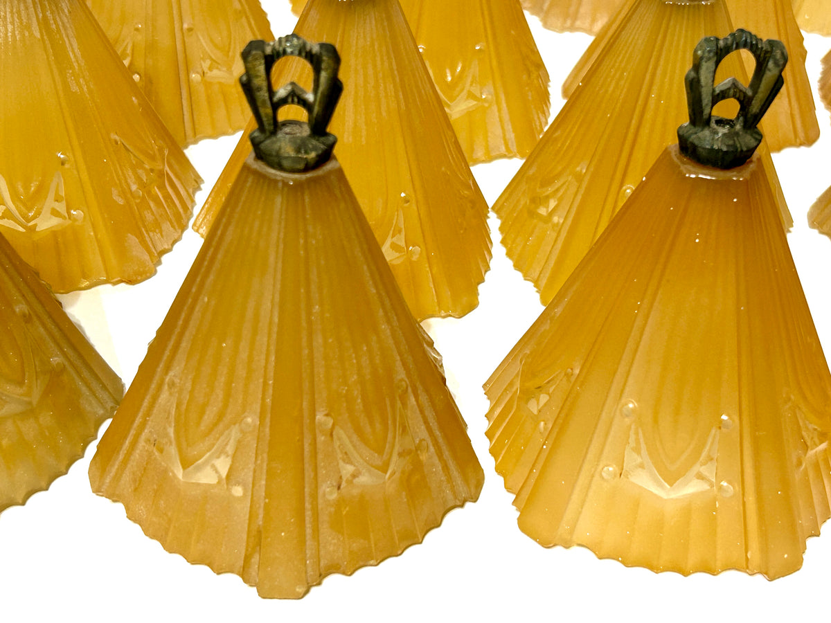 ANTIQUE ART DECO SET OF FOUR HANGING LIGHT FIGURES EACH WITH FIVE ORIGINAL SHADES