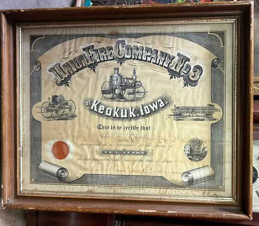 1800's UNION FIRE COMPANY #3 OF KEOKUK, IOWA LARGE FRAMED CERTIFICATE