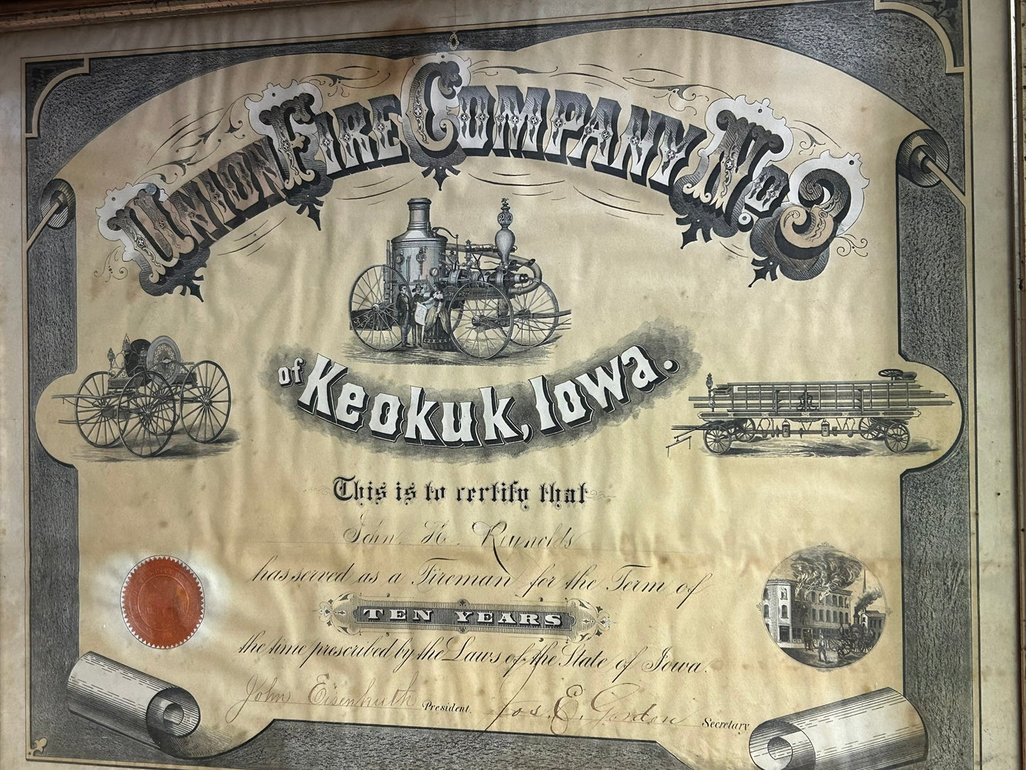 1800's UNION FIRE COMPANY #3 OF KEOKUK, IOWA LARGE FRAMED CERTIFICATE