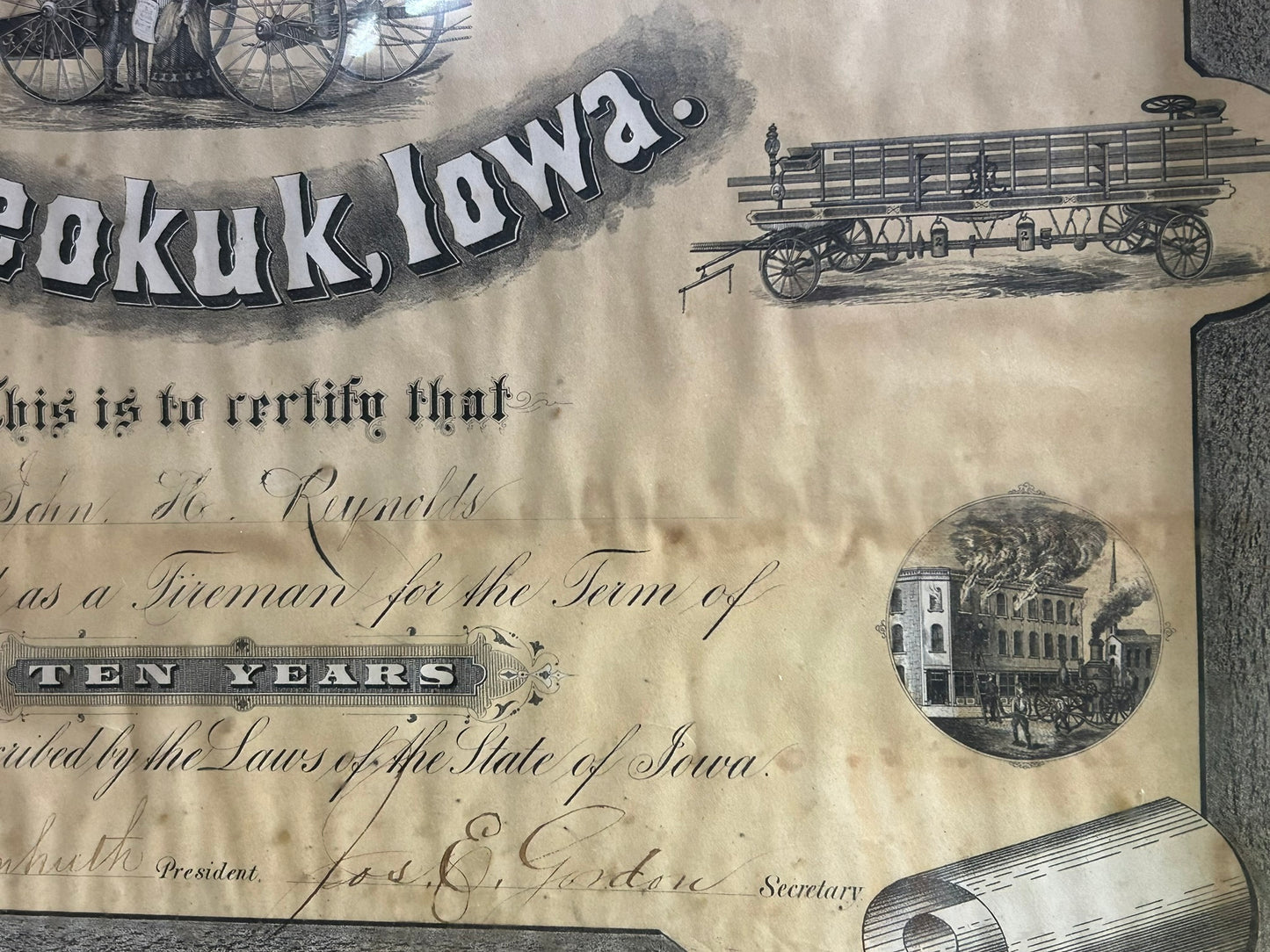 1800's UNION FIRE COMPANY #3 OF KEOKUK, IOWA LARGE FRAMED CERTIFICATE
