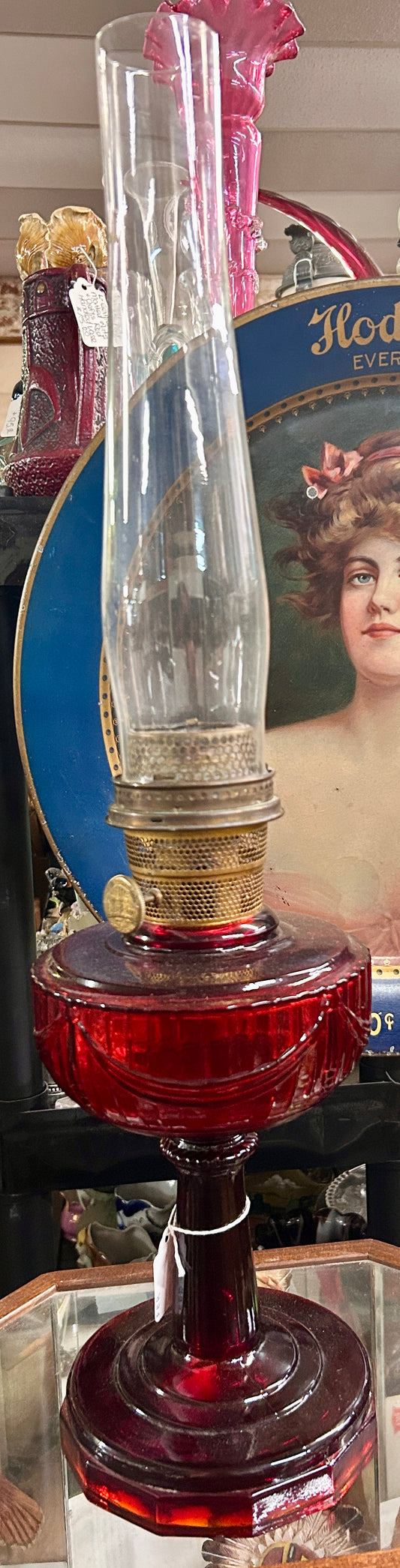 ALADDIN RUBY RED TALL LINCOLN DRAPE LAMP WITH AMBERINA BOTTOM