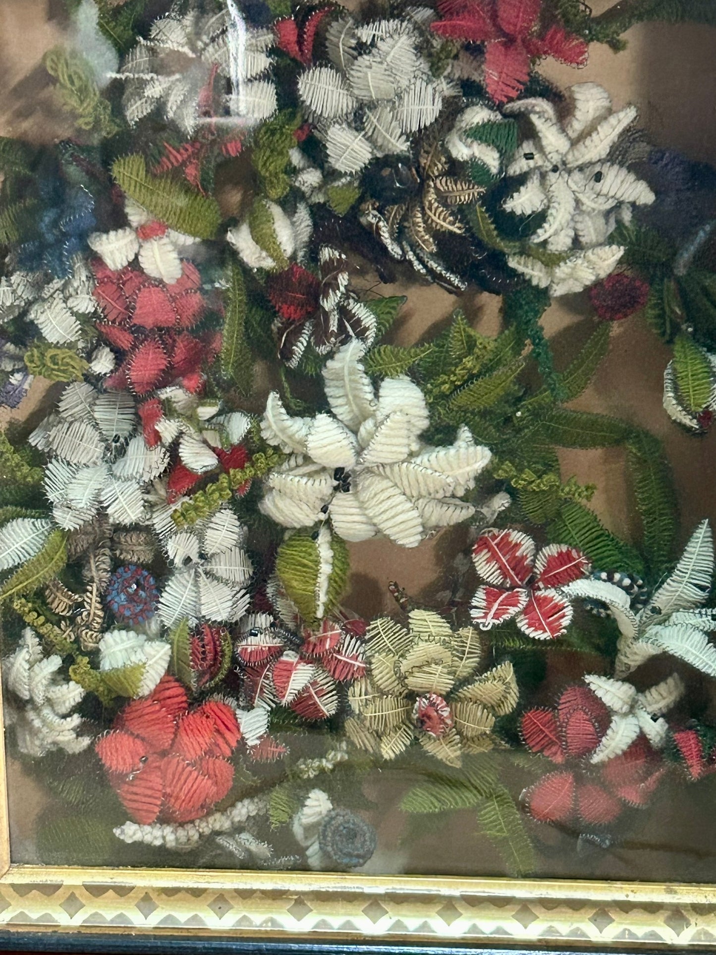 ANTIQUE YARN FLORAL ARRANGEMENT IN ORIGINAL 1870's WALNUT FRAME