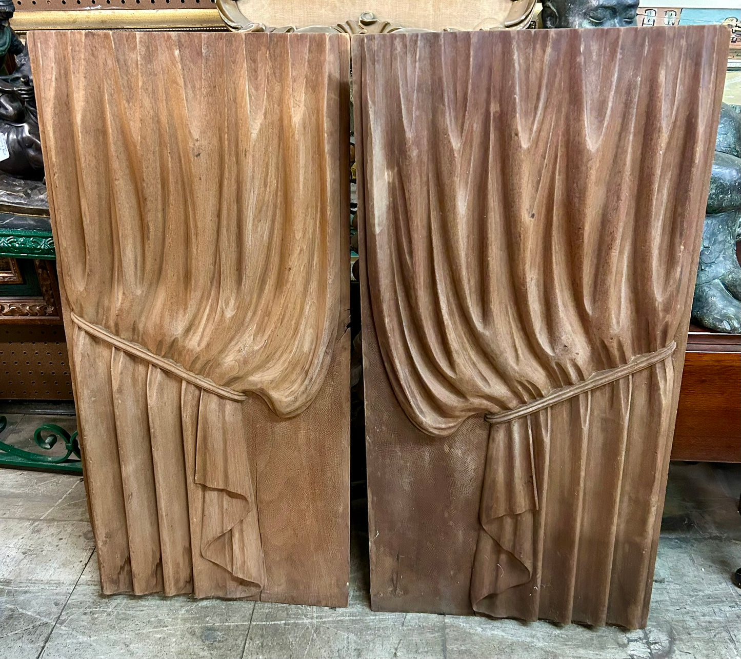 ANTIQUE CARVED WOODEN PAIR OF HEARSE CURTAINS