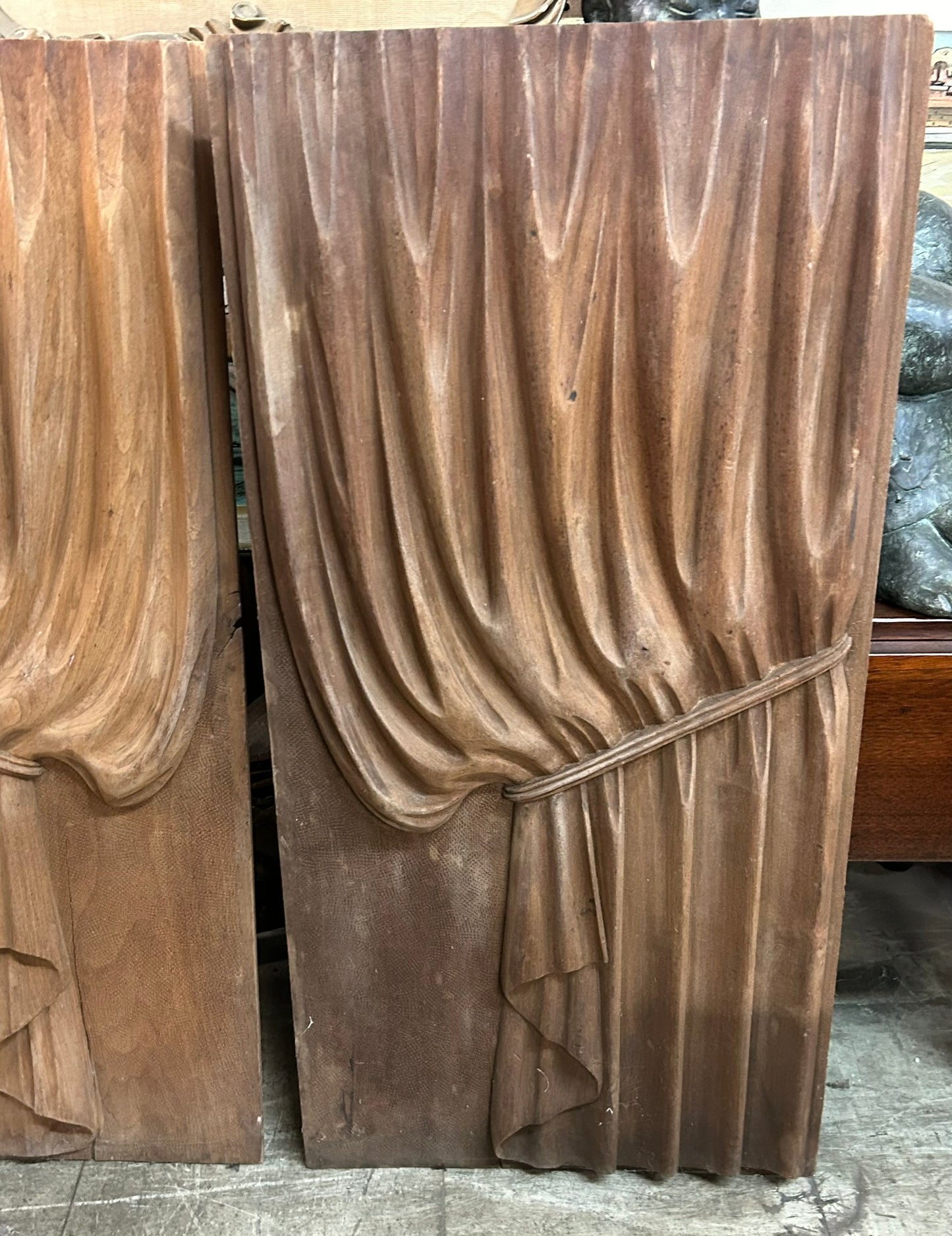 ANTIQUE CARVED WOODEN PAIR OF HEARSE CURTAINS