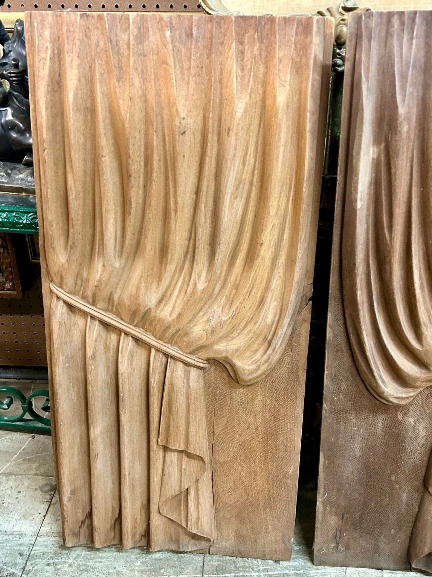 ANTIQUE CARVED WOODEN PAIR OF HEARSE CURTAINS
