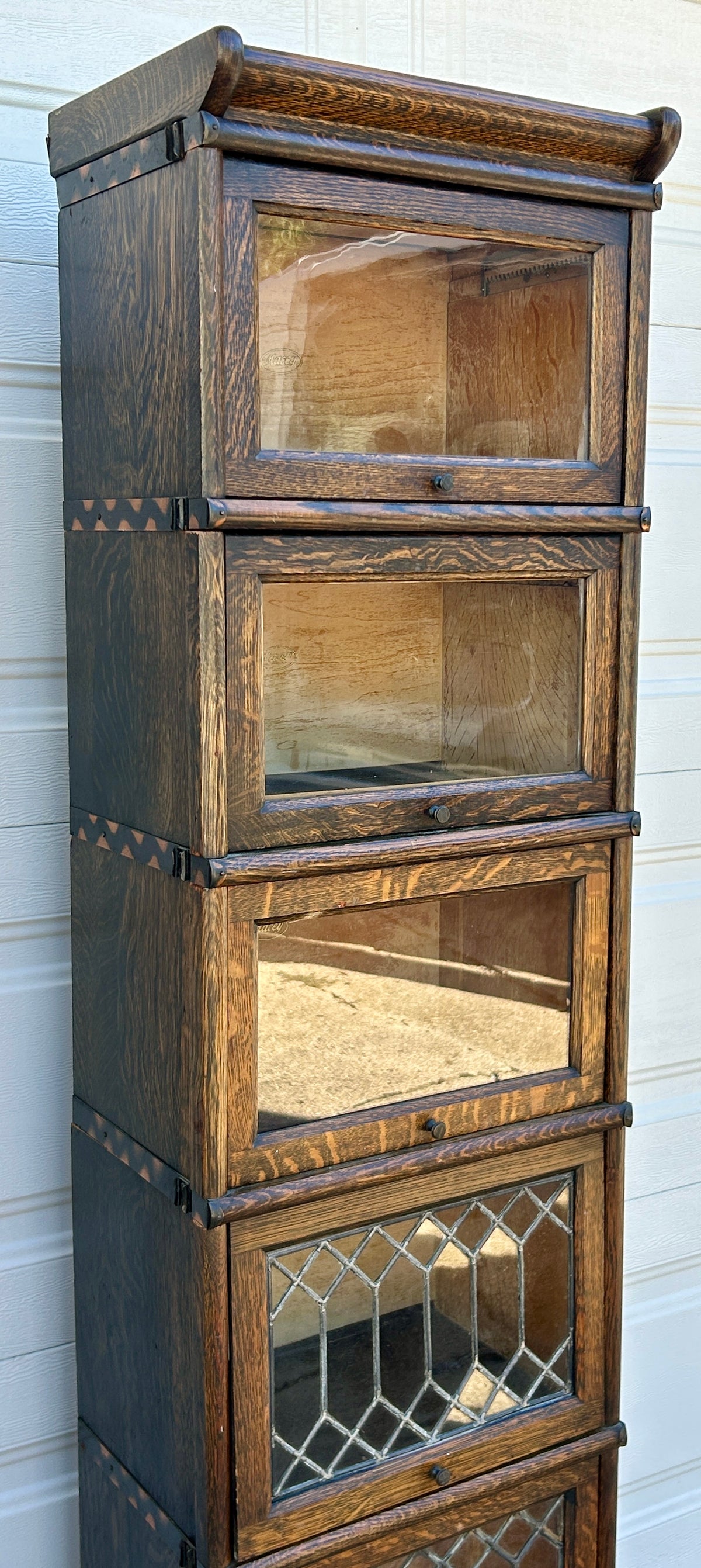 MISSION OAK HALF SIZE FIIVE STACK BOOKCASE WITH LEADED DOORS